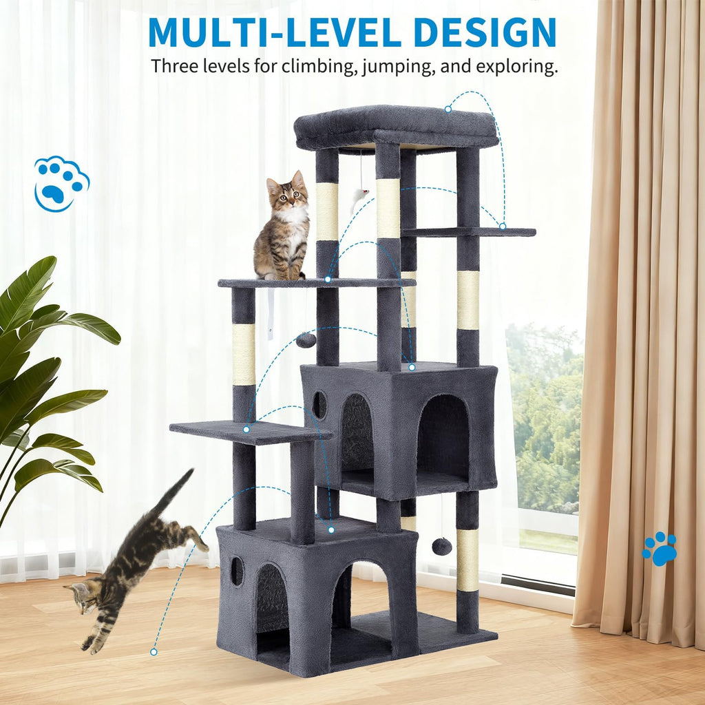 Garvee 61" Multi-Level Cat Tree for Indoor Cats, Heavy-Duty Tower for Large Adult & Maine Coon Cats with Oversized Perch, Dual Condos, Natural Sisal Scratching Posts & Play Toys – Dark Gray