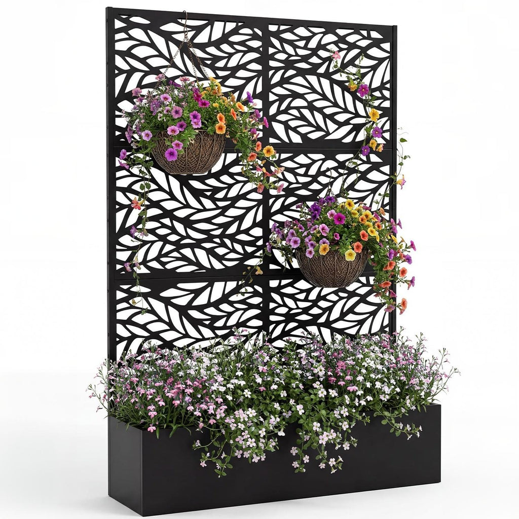 Garvee Raised Planter Box with Trellis for Climbing Plants, 71 x 44 x 16 in All-Weather Metal Garden Bed with Privacy Screen, Drainage Holes, Black