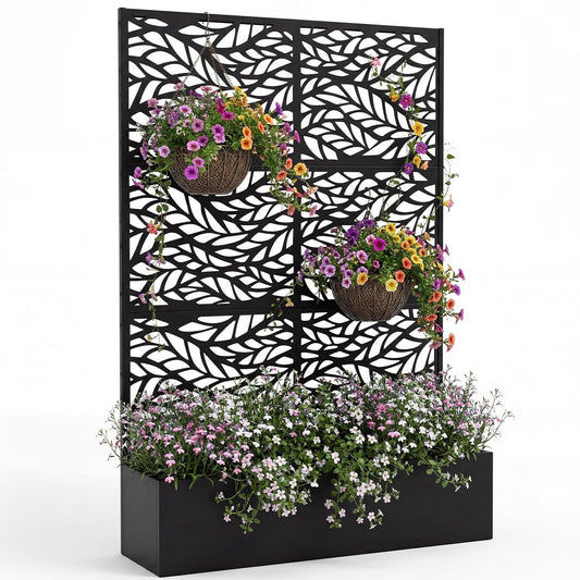 Garvee Raised Planter Box with Trellis for Climbing Plants, 71 x 44 x 16 in All-Weather Metal Garden Bed with Privacy Screen, Drainage Holes, Black