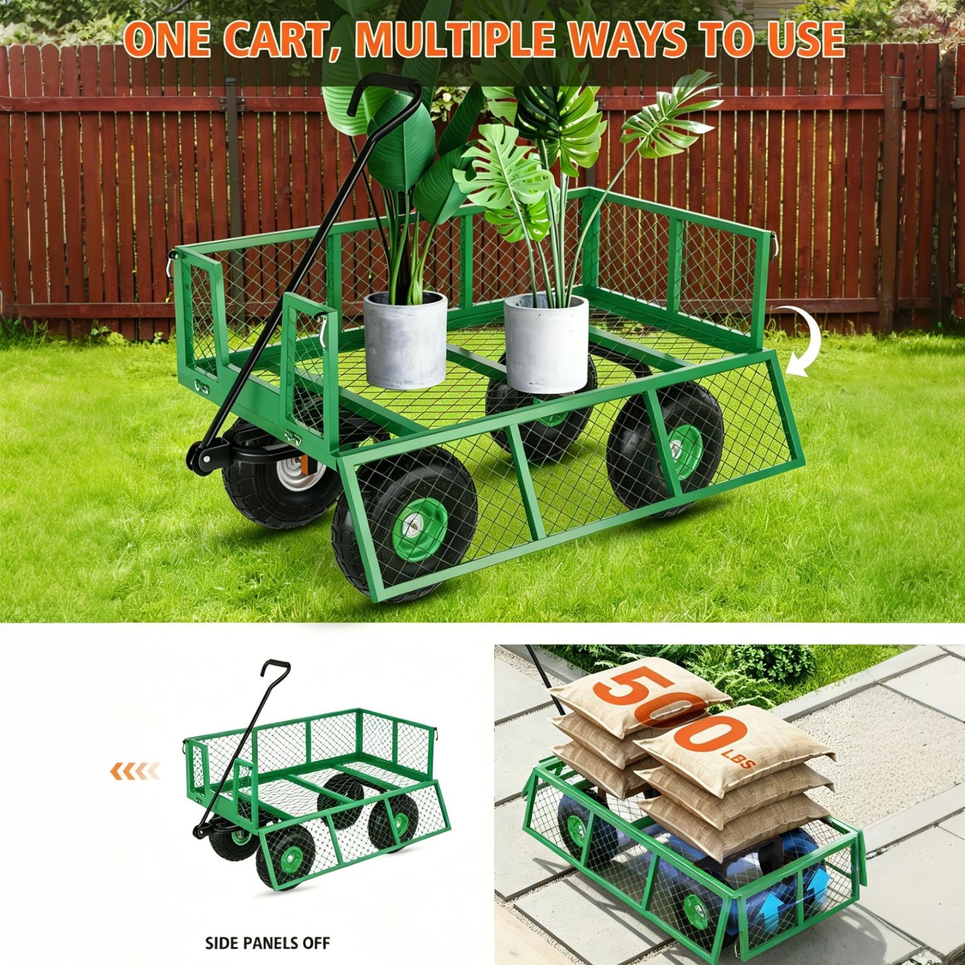 Garvee 3-in-1 Garden Cart, 500 lbs Heavy Duty Alloy Steel Utility Wagon with Removable Mesh Sides, 10 in Wheels & 180° Adjustable Handle for Yard, Lawn & Outdoor Transport, Green