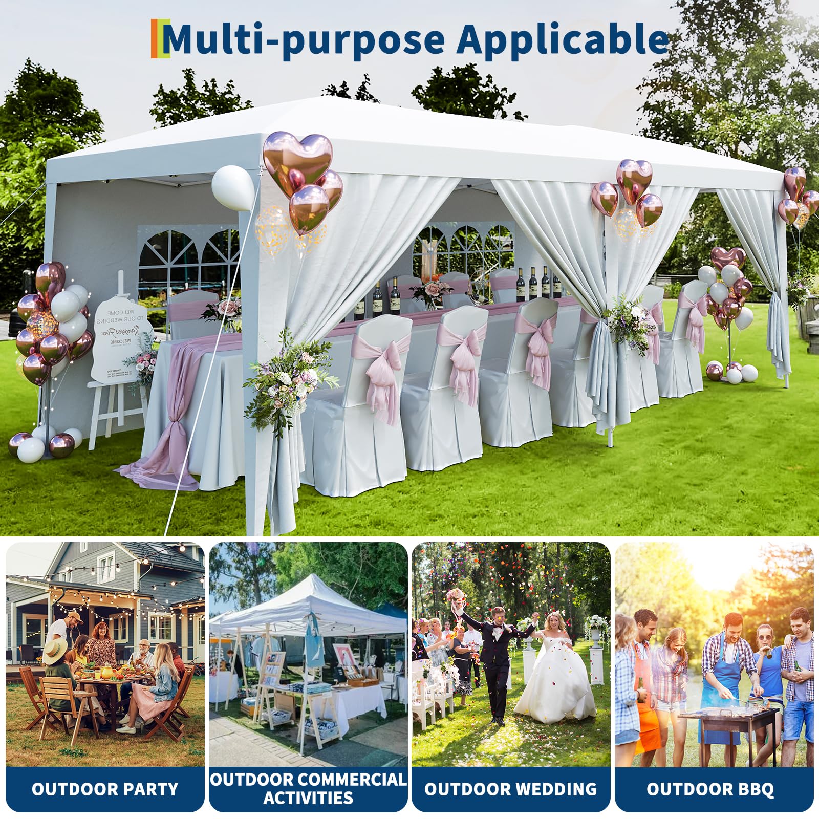 Garvee 10x20 ft Commercial Pop Up Canopy Tent, 200 Sq Ft Heavy Duty Steel Frame Outdoor Shelter with 6 Removable Sidewalls, UPF 50+ Waterproof Cover, White