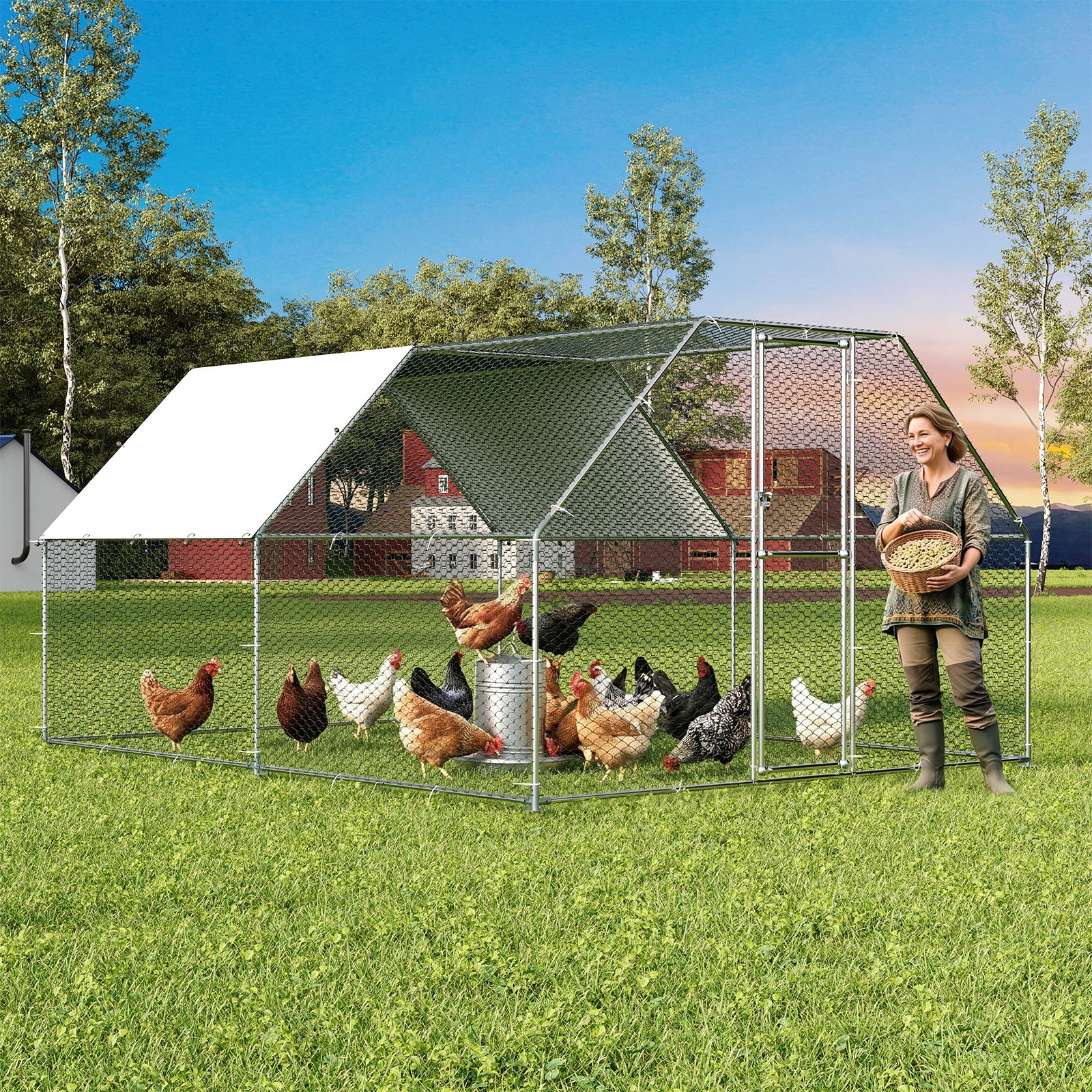Garvee Heavy Duty Large Metal Chicken Coop & Run for 10-20 Chickens - Outdoor Walk-In Poultry Cage with Waterproof, UV Cover - Secure Chicken Pen for Backyard - Size: W300 x D400 x H200cm