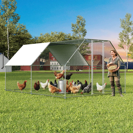 Garvee Heavy Duty Large Metal Chicken Coop & Run for 10-20 Chickens - Outdoor Walk-In Poultry Cage with Waterproof, UV Cover - Secure Chicken Pen for Backyard - Size: W300 x D400 x H200cm