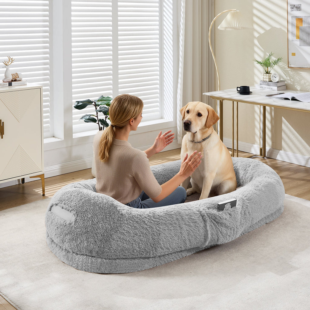 Garvee Orthopedic Memory Foam Dog Bed for Adults & Large Dogs – Oversized Calming Bean Bag Couch, Washable Faux Fur Cover, Side Pocket, Waterproof, Relaxing Nap Bed for Bedroom or Office – Light Gray