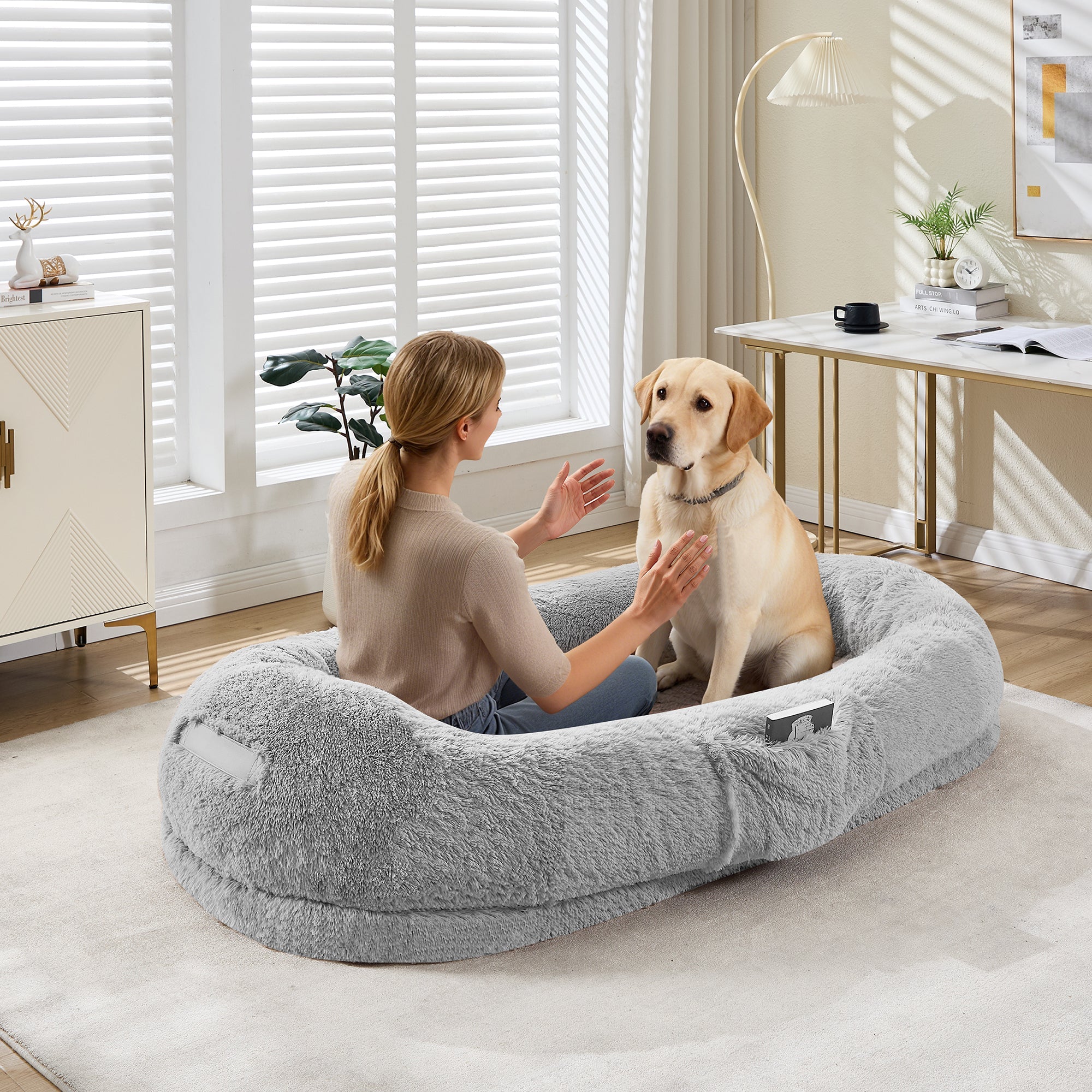 Garvee Orthopedic Memory Foam Dog Bed for Adults & Large Dogs – Oversized Calming Bean Bag Couch, Washable Faux Fur Cover, Side Pocket, Waterproof, Relaxing Nap Bed for Bedroom or Office – Light Gray