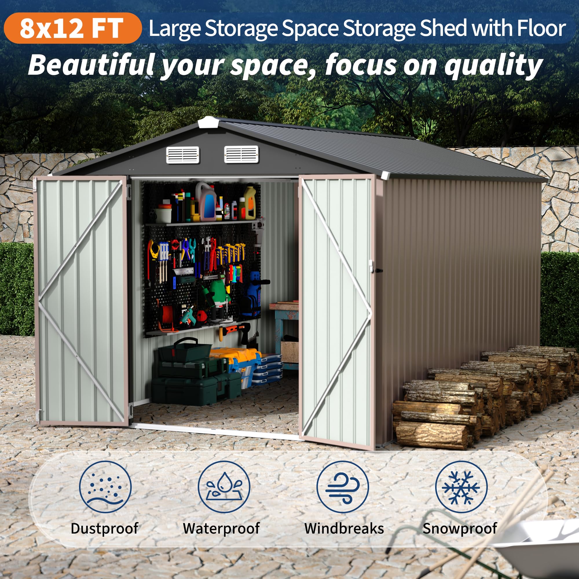 Garvee Spacious Metal Outdoor Storage Outdoor Storage – 8x12 FT Heavy Duty Garden Utility Outdoor Storage with Lockable Door, Air Vent, Windproof & Rainproof – Backyard, Patio, Lawn – Dark Colored Top + Brown Board
