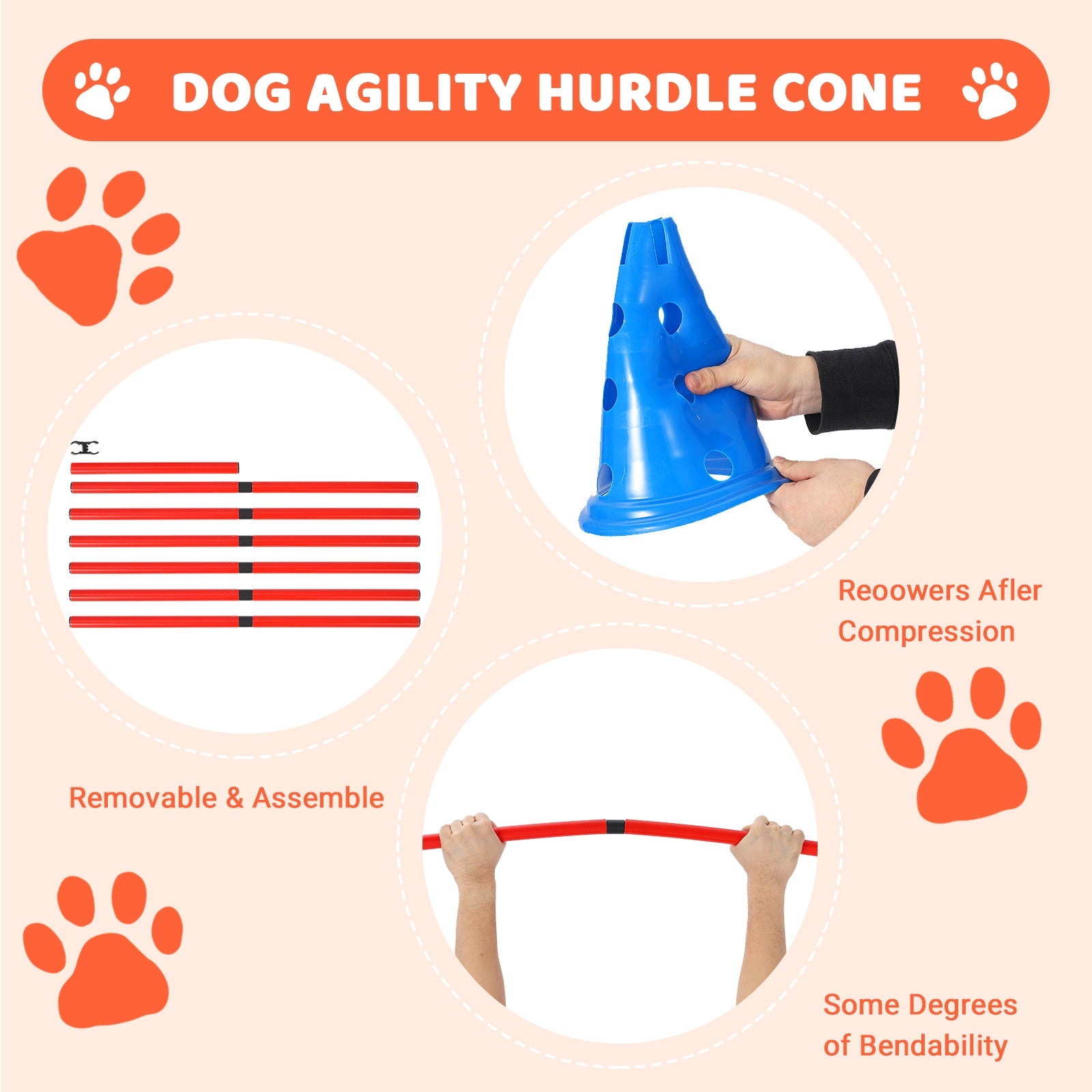 Garvee Dog Agile Hurdle Cone Set, Dog Agile Training Equipment 4-Height Adjustable Obstacle with Storage Bag, for Beginners & Advanced, Puppy Agile Training Hurdle 12 Cones & 6 Agile Rods Combo