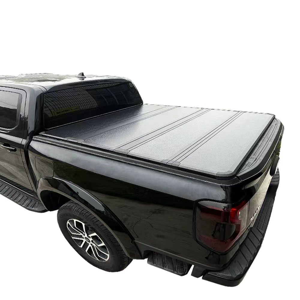 Garvee Hard Folding Truck Bed Tonneau Cover for 2022-2023 Ford 4.2ft Bed - Zinc Aluminum Alloy - Clamp-On, Drill-Free Install - Reinforced Hinges, Locking Latches - Black, Three-Fold - Outdoor Use