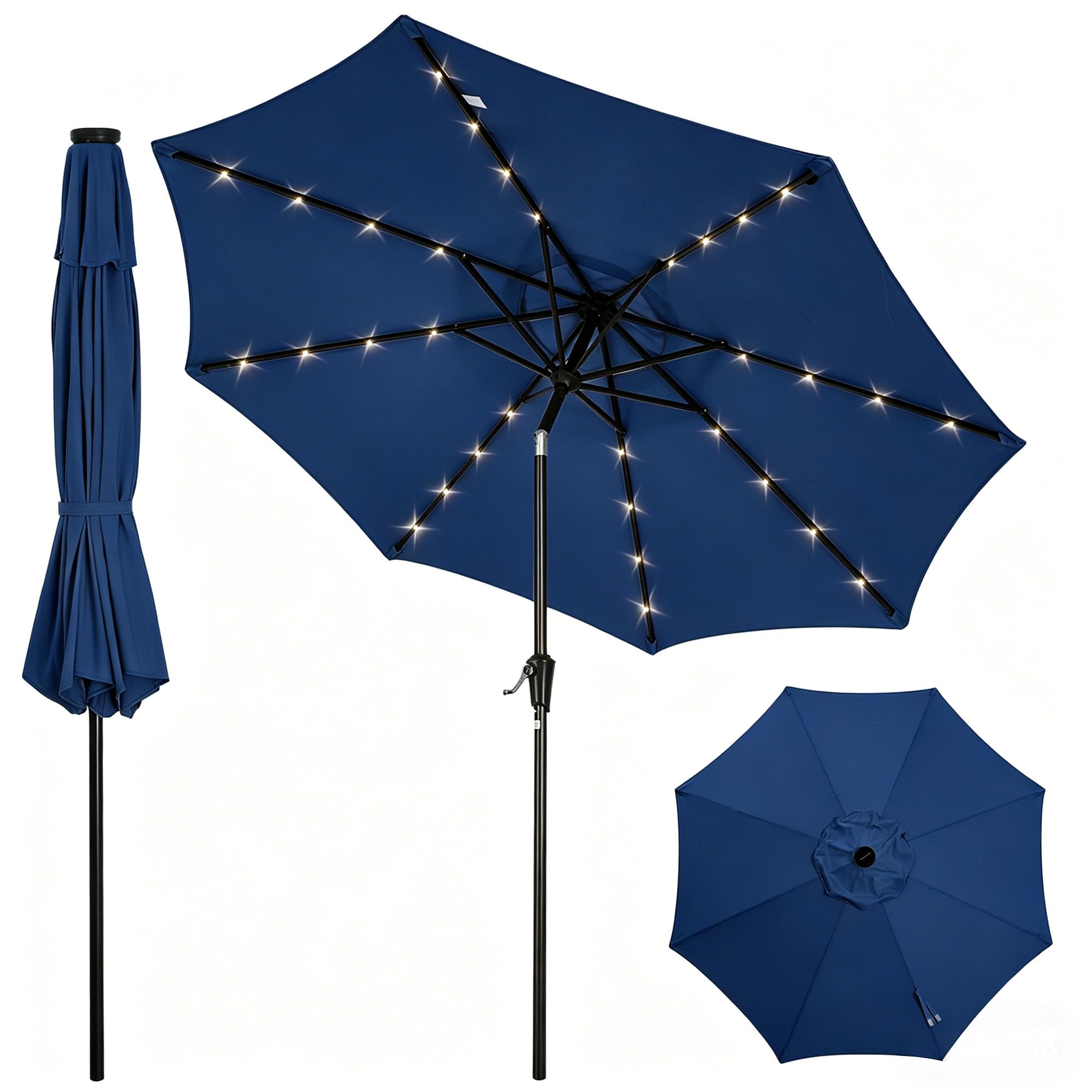 Garvee 10 FT Solar LED Patio Umbrella with 32 Lights, Round Outdoor Market Umbrella with Crank Lift, Push-Button Tilt and 8 Iron Ribs for Table, Deck and Pool, Navy Blue