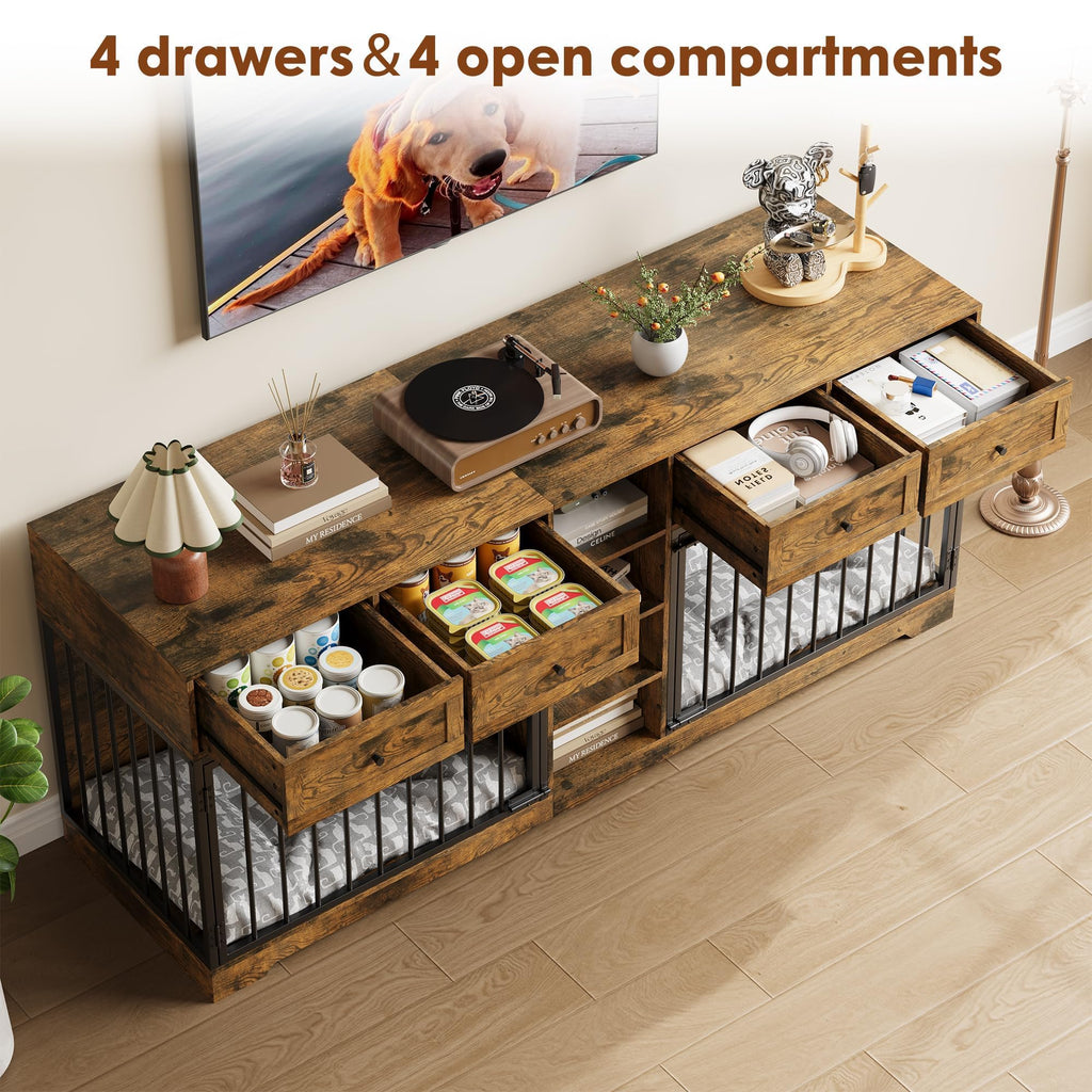 Garvee 82" Large Dog Crate for 2 Dogs, Dog Kennel Indoor with 4 Drawers and Shelves, Heavy Duty Double Dog Crate Furniture TV Stand, Wooden Dog Cage for Medium Large Dogs, Brown