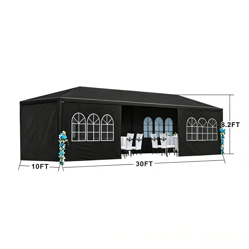 Garvee 10' × 30' Outdoor Party Tent with 8 Removable Sidewalls, Waterproof Canopy, Wedding Gazebo for Backyard, Patio, BBQ and Events, Black