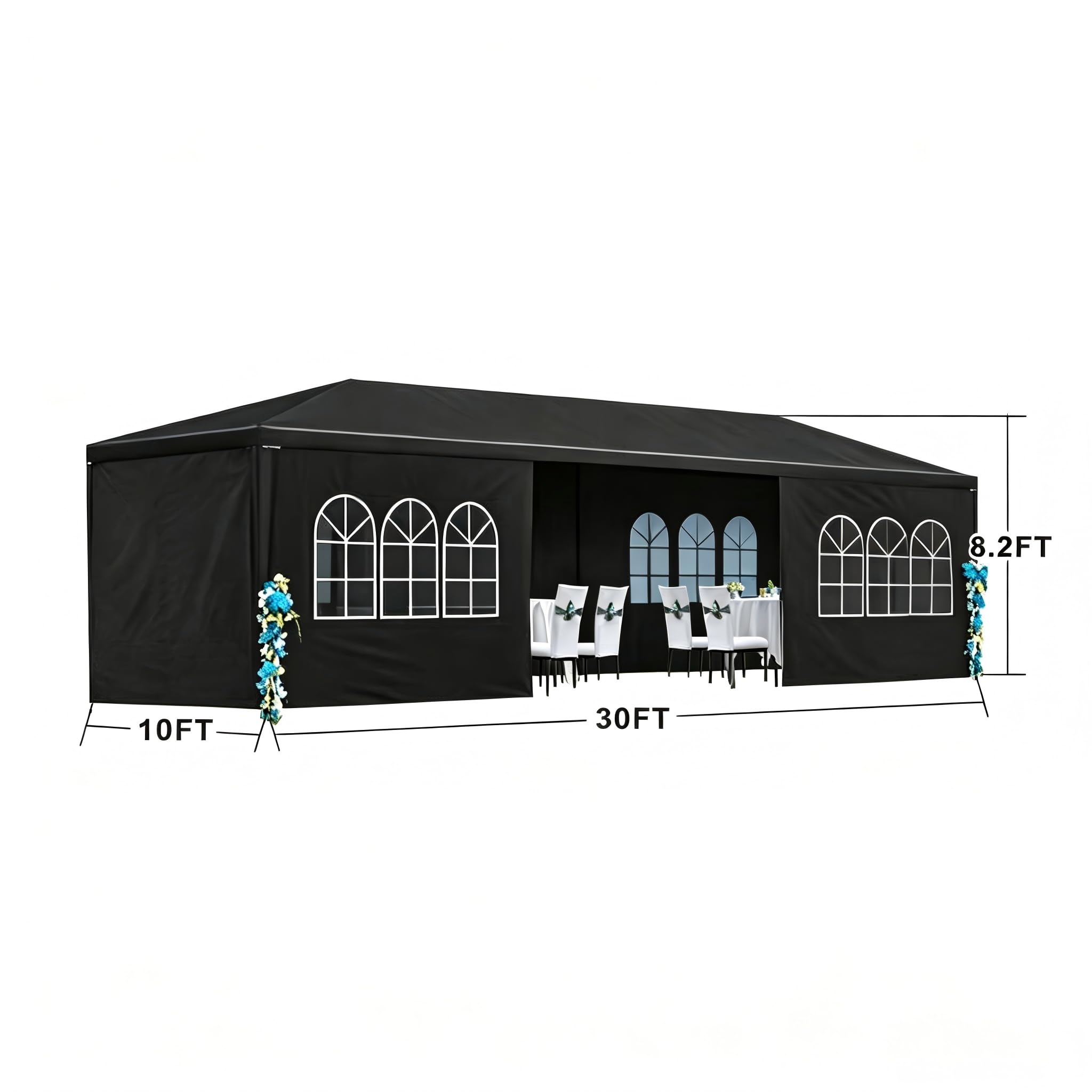 Garvee 10' × 30' Outdoor Party Tent with 8 Removable Sidewalls, Waterproof Canopy, Wedding Gazebo for Backyard, Patio, BBQ and Events, Black