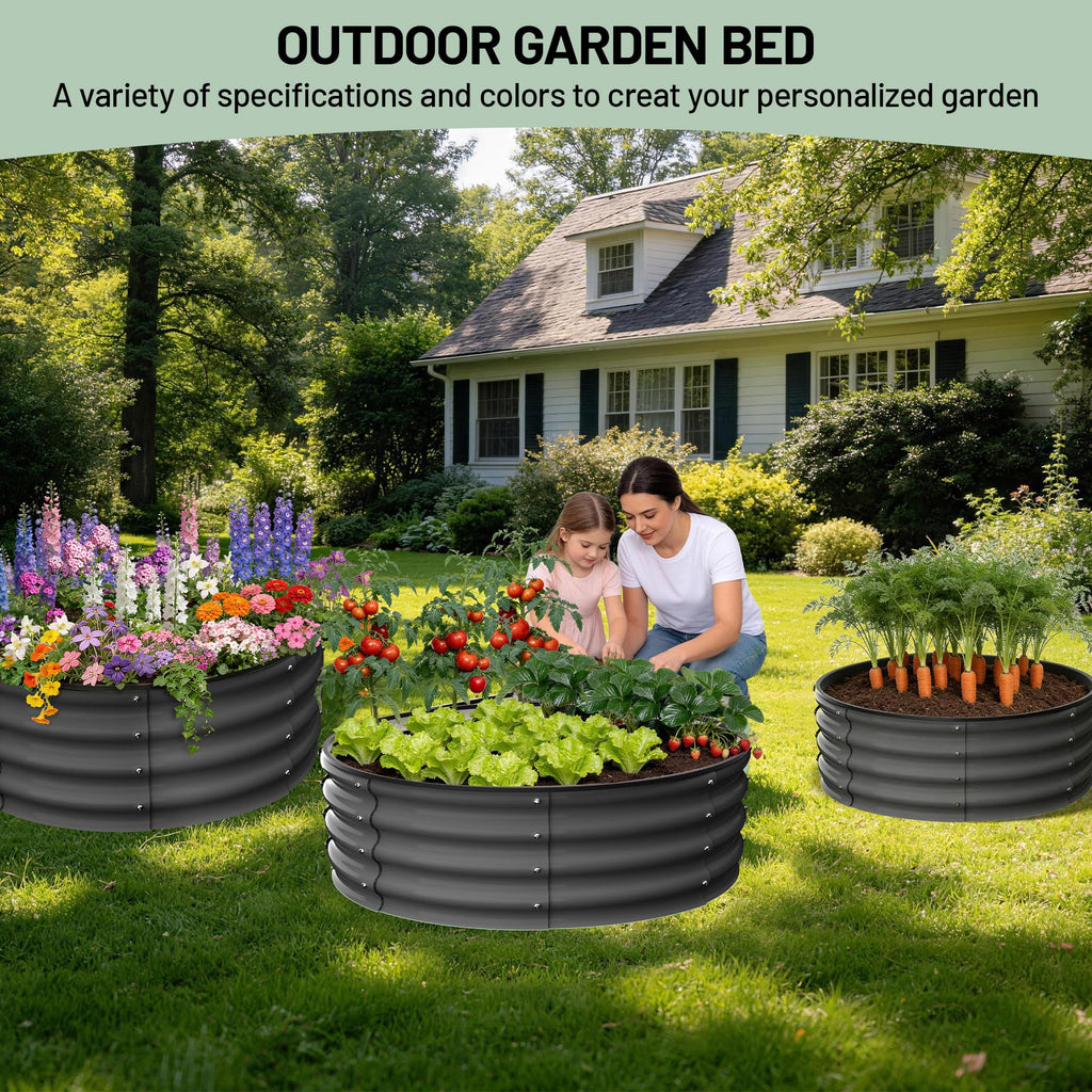 Garvee Round Galvanized Raised Garden Bed 3x3x1FT Heavy Duty Metal Planter Open Bottom Design Weather Resistant Anti-Rust Circular Wave Shape for Vegetables
