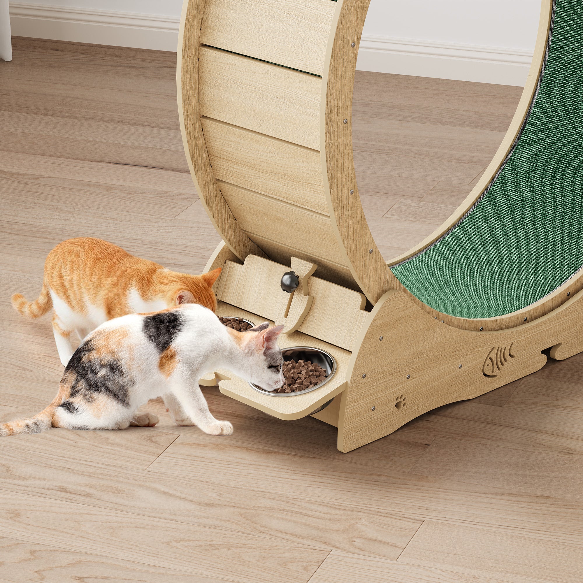 Garvee Large Cat Exercise Wheel for Indoor Cats - 4-in-1 Treadmill with Grazeing Post, 3-Level Jumping Tower & Carpeted Fashion Show - Quiet Spinner for Fitness & Entertainment - Wood Color