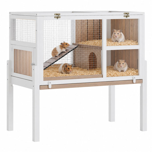 Garvee 38" Wooden Guinea Pig Cage with Stand, 2-Story Small Animal Habitat with Clear View Panels, Pull-Out Tray & Lockable Door, Rabbit Hutch, White