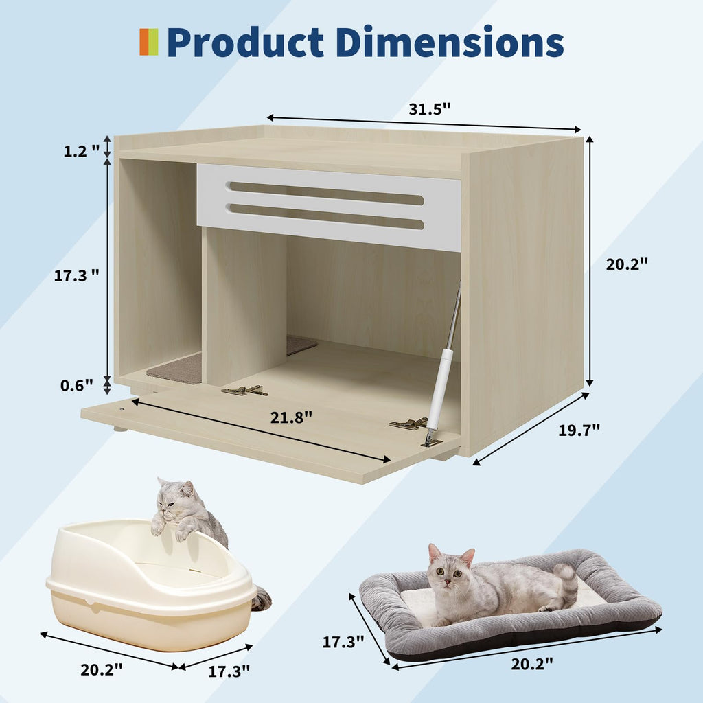 Garvee Dog-Proof & Ventilated Cat Litter Box Enclosure Furniture – Spacious Modern Hidden Wood Cabinet with Turn-Down Door, Easy to Clean, Indoor Pet Privacy House – Wood Color