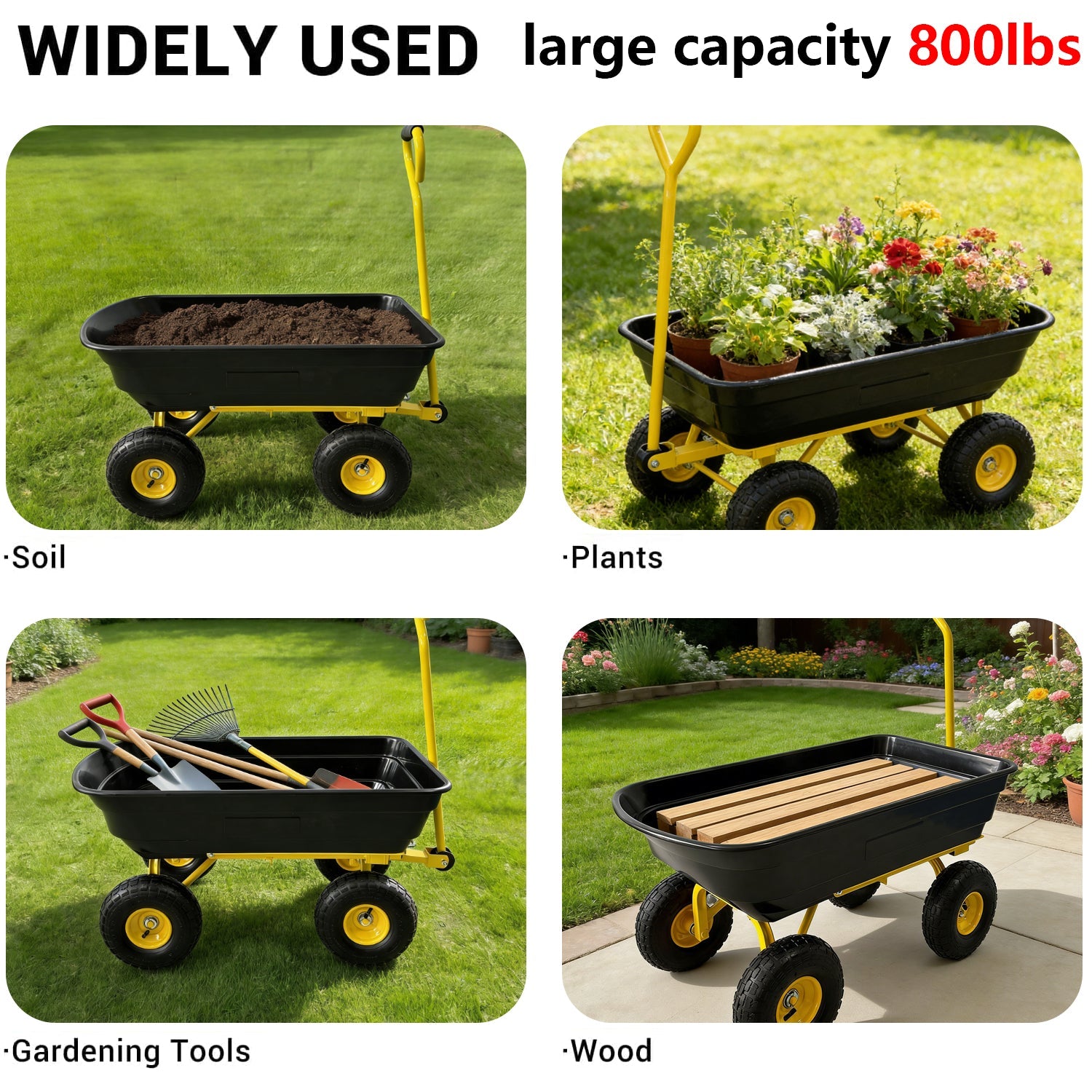 Garvee 600 Lbs Garden Dump Cart, Heavy Duty Outdoor Wagon with Quick Release & 10" All-Terrain Wheels for Yard Work – Black & Yellow