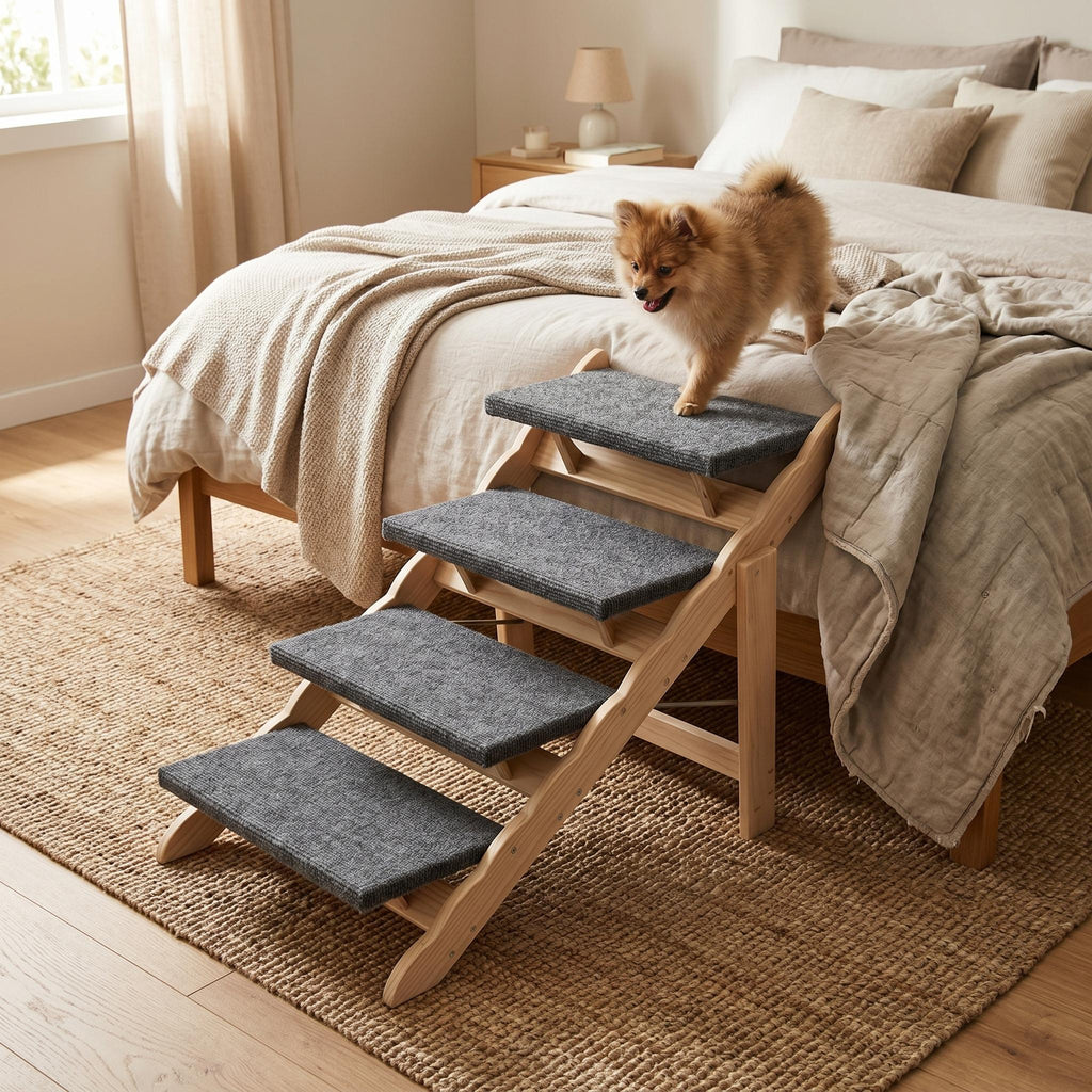 Garvee Wood Pet Stairs, 4-Step Dog Stairs for Beds, Sofa & Cars, 150 lbs Load Capacity, Folded Flat Design, Stable and Sturdy Dog & Cat Step Ladder for for Older Pets and Puppies