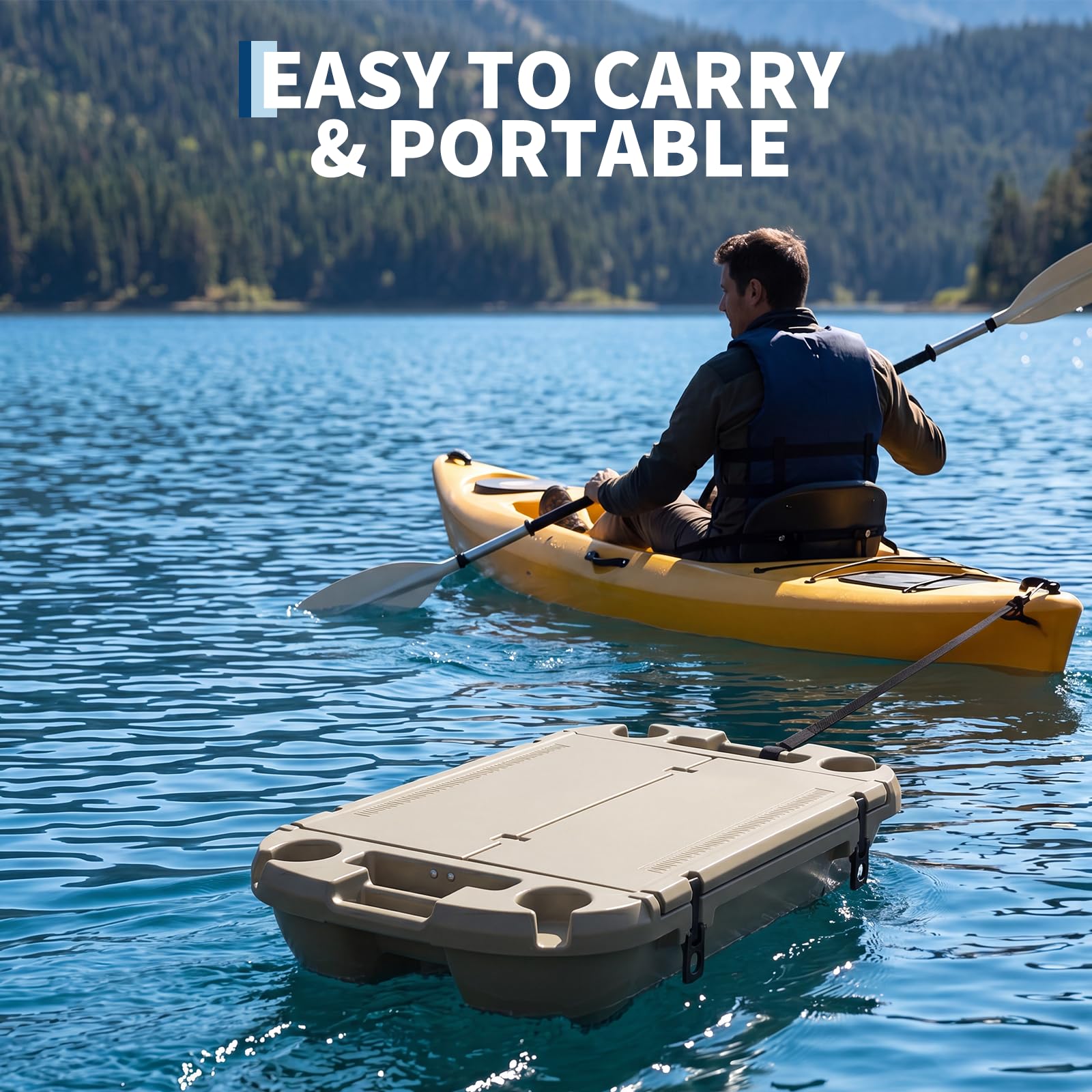 Garvee 40L Floating Cooler for River, Lake & Pool, 42.5QT Rotomolded LLDPE Ice Chest with Tow Rope & 4 Cup Holders, Heavy-Duty Drift Marine Beverage Cooler for Kayak, Boating, Camping, Khaki