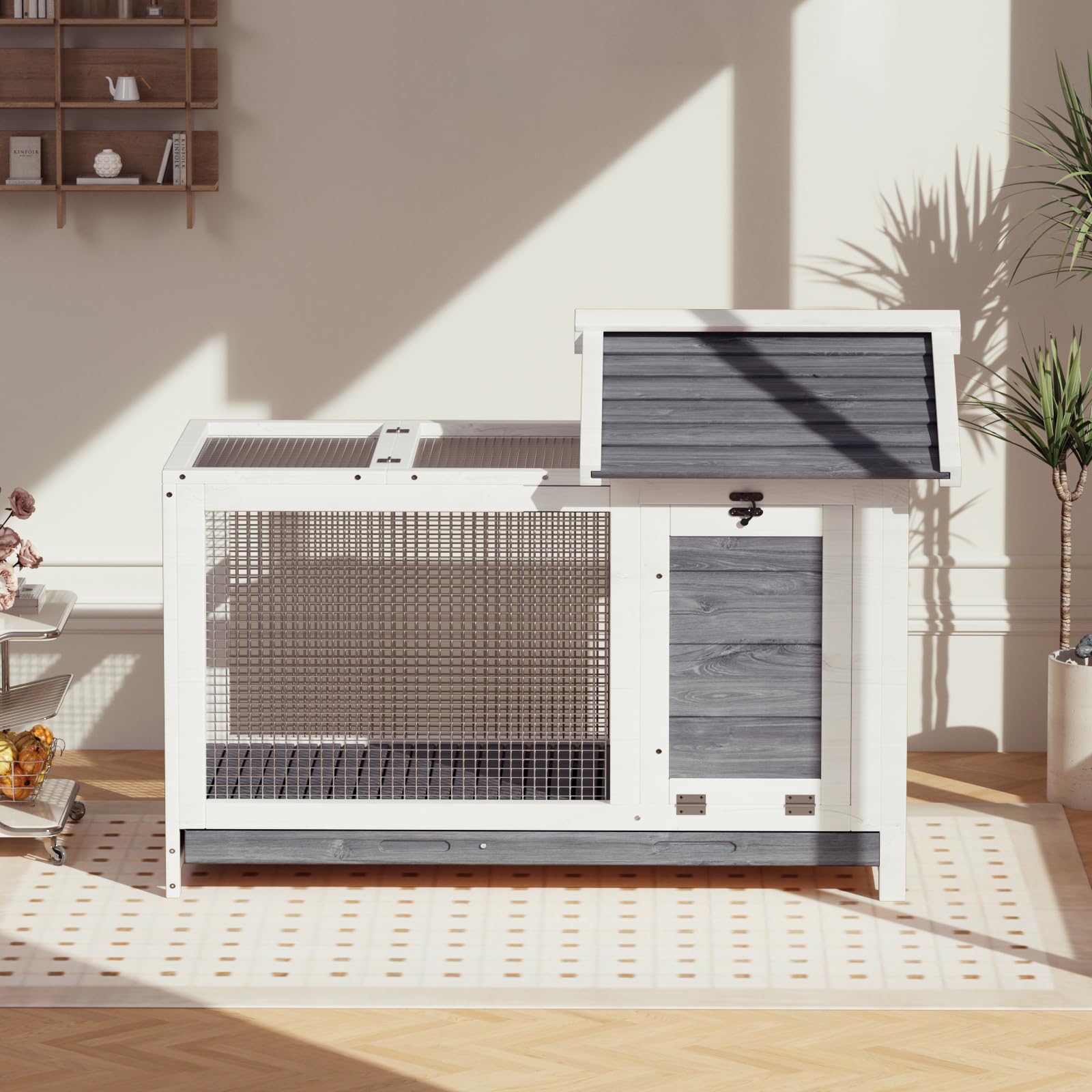 Garvee Large Outdoor Rabbit Hutch, Weatherproof 2-Story Bunny Cage with Removable Wire Netting, Wooden Indoor Outdoor Pet House, Waterproof Roof & Pull-Out Tray, Gray