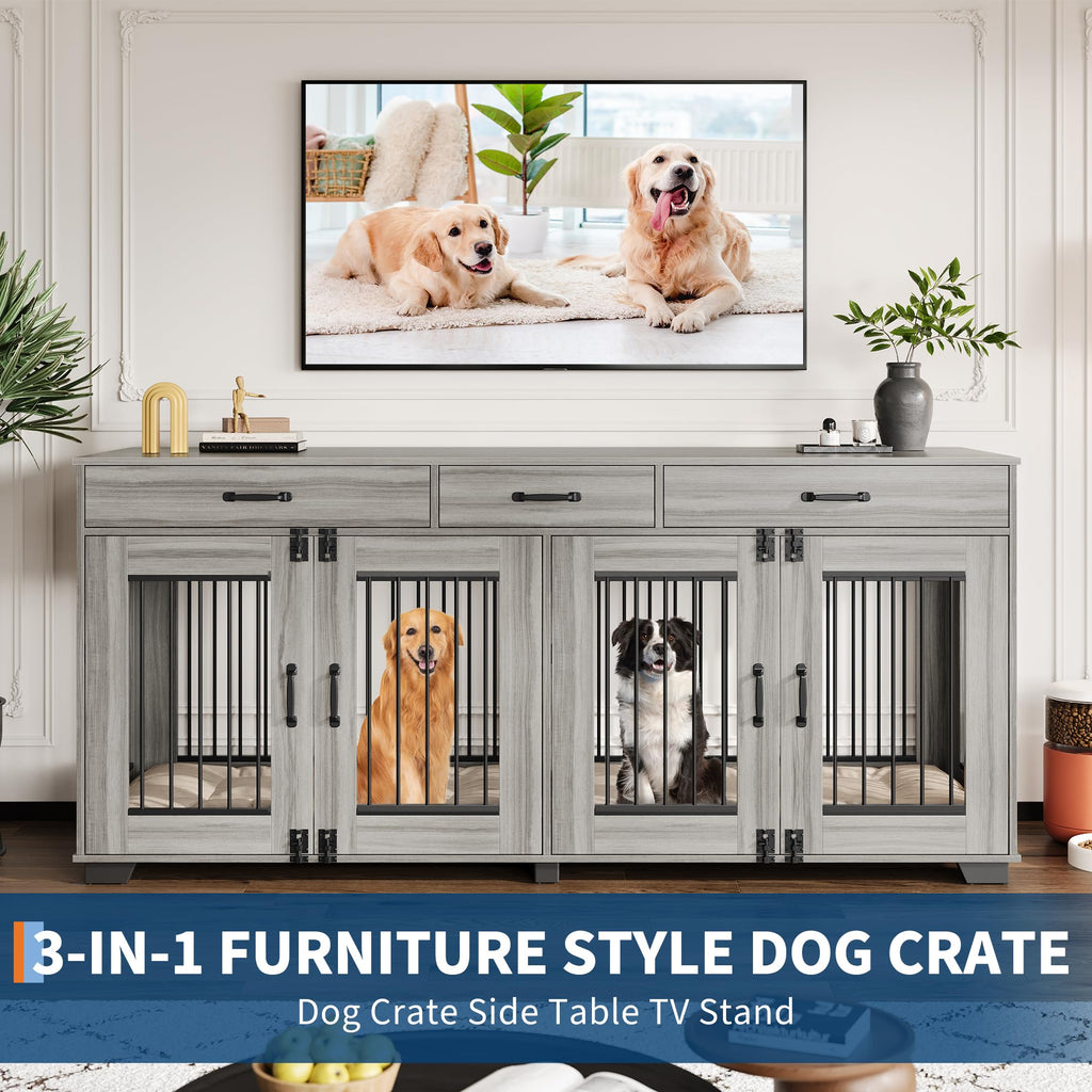 Garvee 71" Double Wooden Dog Crate Furniture for 2 Dogs, Heavy Duty, Spacious, MDF & Iron, Three-Drawer Storage, TV Stand, Small to Large Dogs