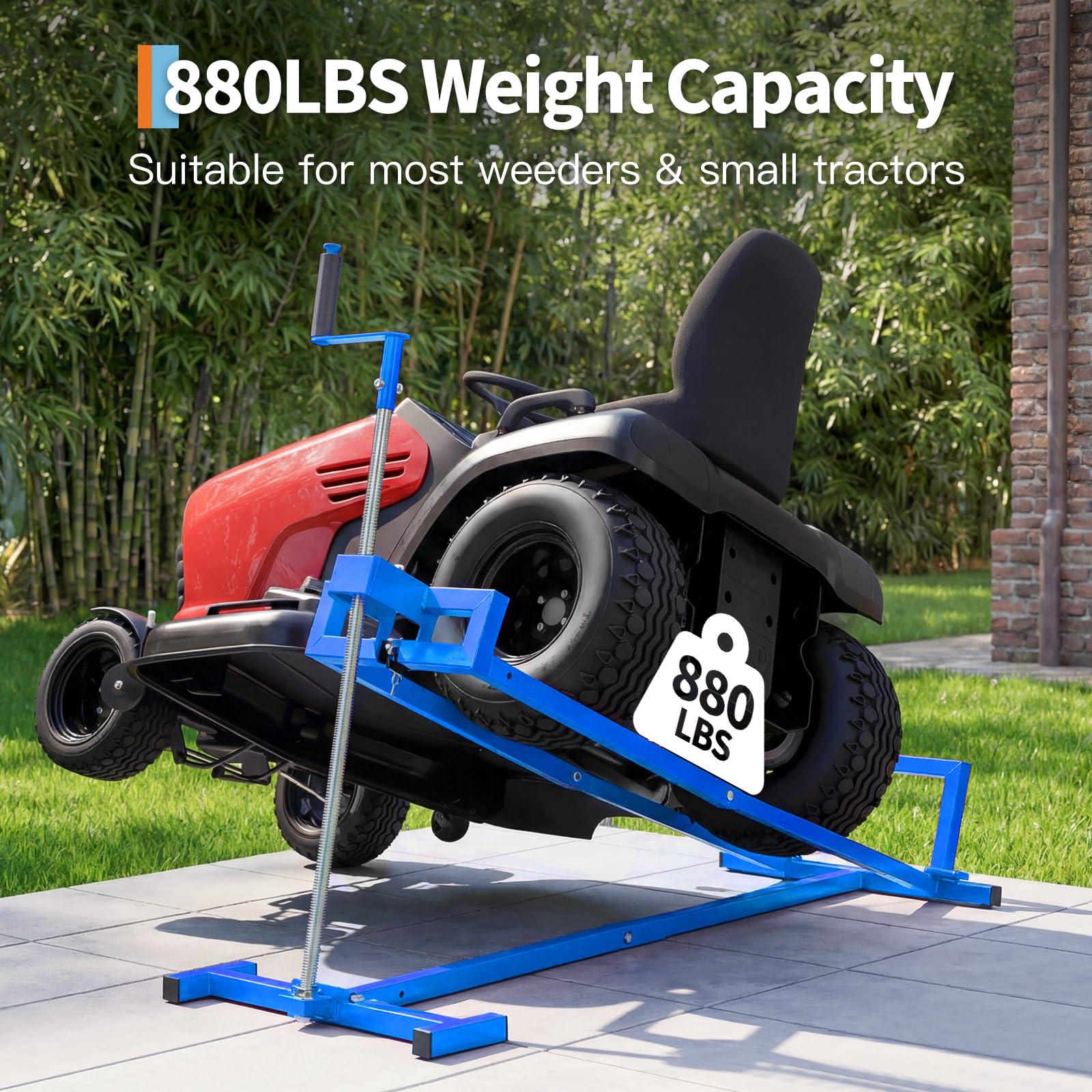 Garvee 880 lb Heavy Duty Lawn Tractor Lift Jack, 0-35° Adjustable Tilt Angle Riding Mower Lift with 27.5" Max Lift Height, Manual Hand Crank or Power Drill Operation, Collapsible Storage Maintenance Hoist for Zero Turn, ATV, Garden Tractors, Blue