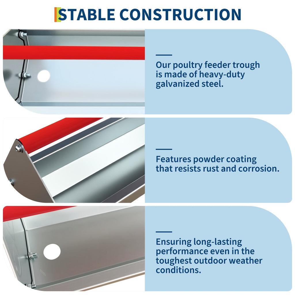 Garvee Large Capacity Galvanized Steel Poultry Feeder Trough – Heavy Duty Metal Construction with Crossbar & Drainage Holes, Easy to Clean, Weatherproof for Chickens, Ducks, Geese, Turkeys, Rabbits, Pigeons, Automatic Feed – Red Gauge (RAL2002)