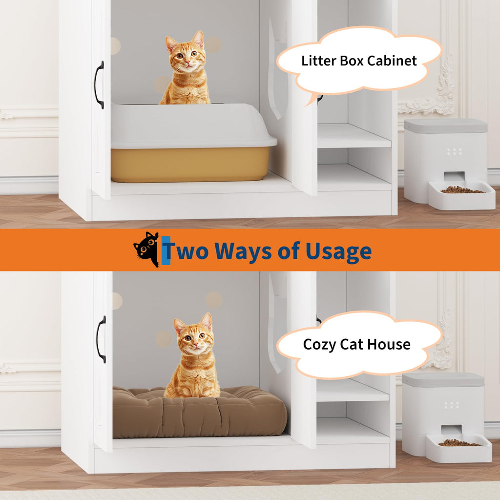 Garvee Cat Litter Box Enclosure, Hidden Litter Box Furniture with Divider, Indoor Cat House, Wooden Cat Washroom Storage Cabinet Bench, Side End Table Nightstand, 33.07"L × 23.62"W × 23.92"H, White