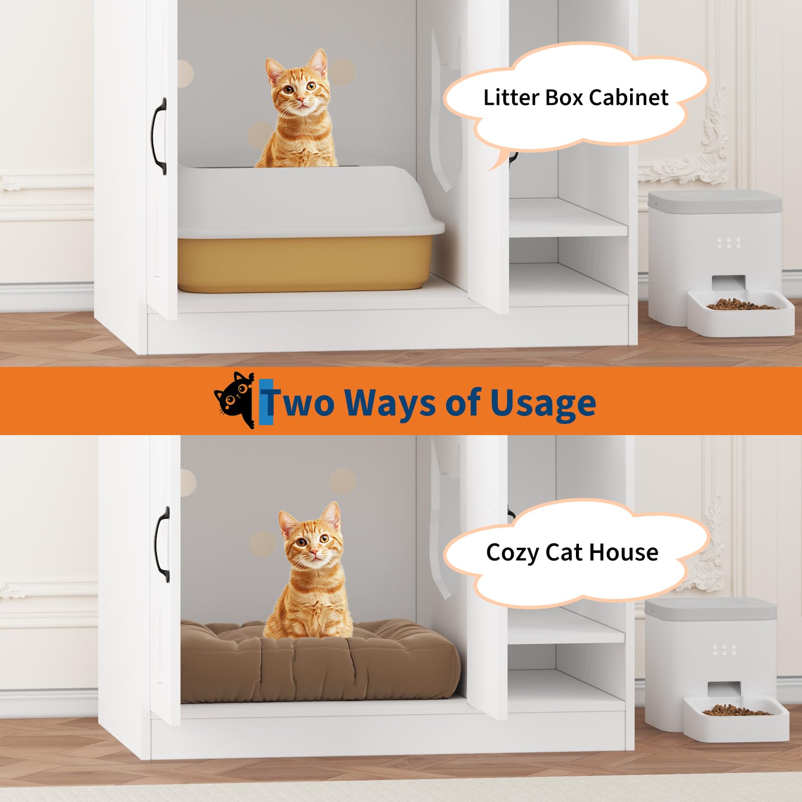 Garvee Cat Litter Box Enclosure, Hidden Litter Box Furniture with Divider, Indoor Cat House, Wooden Cat Washroom Storage Cabinet Bench, Side End Table Nightstand, 33.07"L × 23.62"W × 23.92"H, White