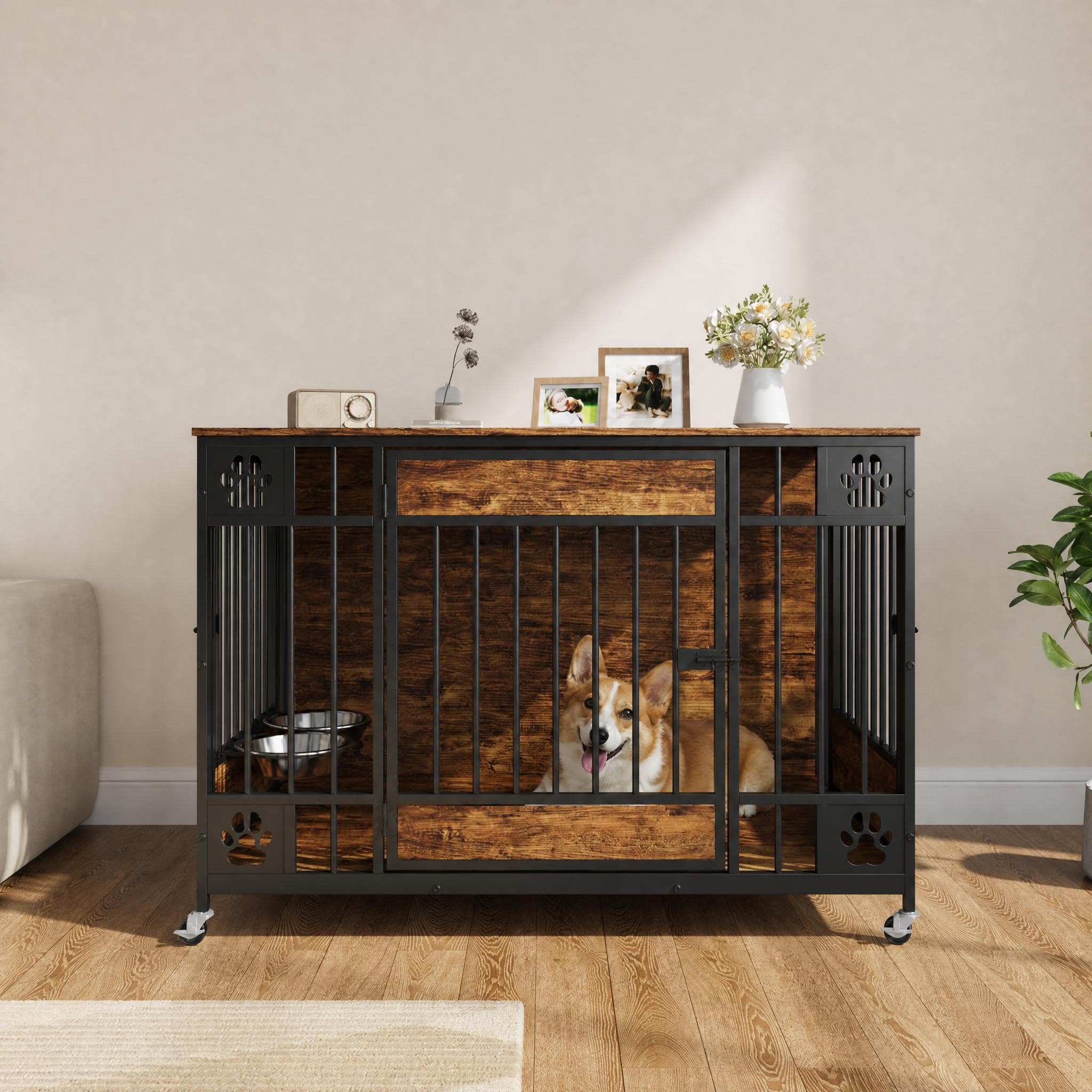 Garvee Modern Triple Door Dog Crate Furniture – 41" Heavy Duty Wooden Kennel with Feeding Bowls & Wheels – End Table Pet Cage for Medium & Large Dogs – Antique Brown