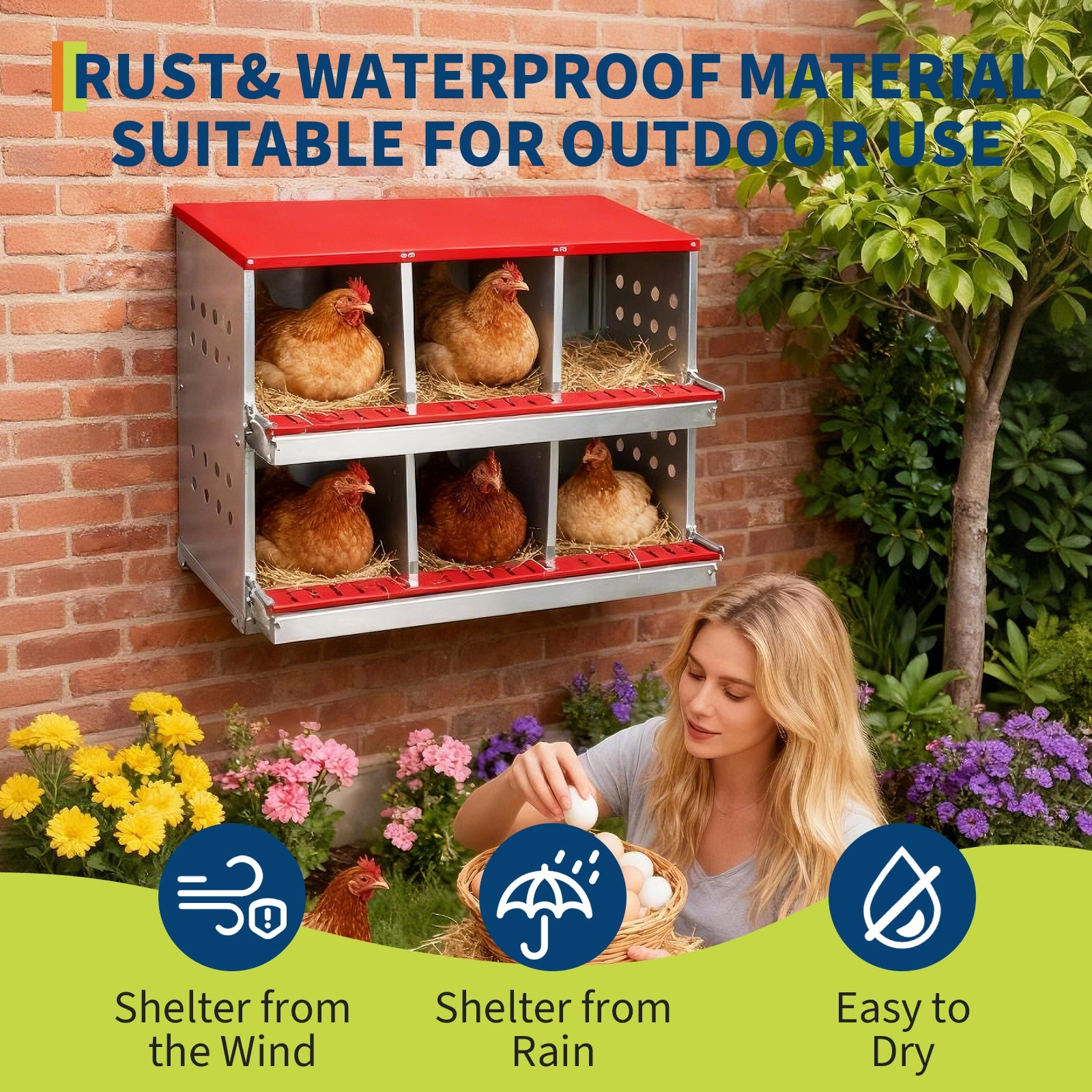 Garvee 6-Compartment Galvanized Steel Chicken Nesting Box – Rollaway Egg Collection, Turn-Over Lid, Red