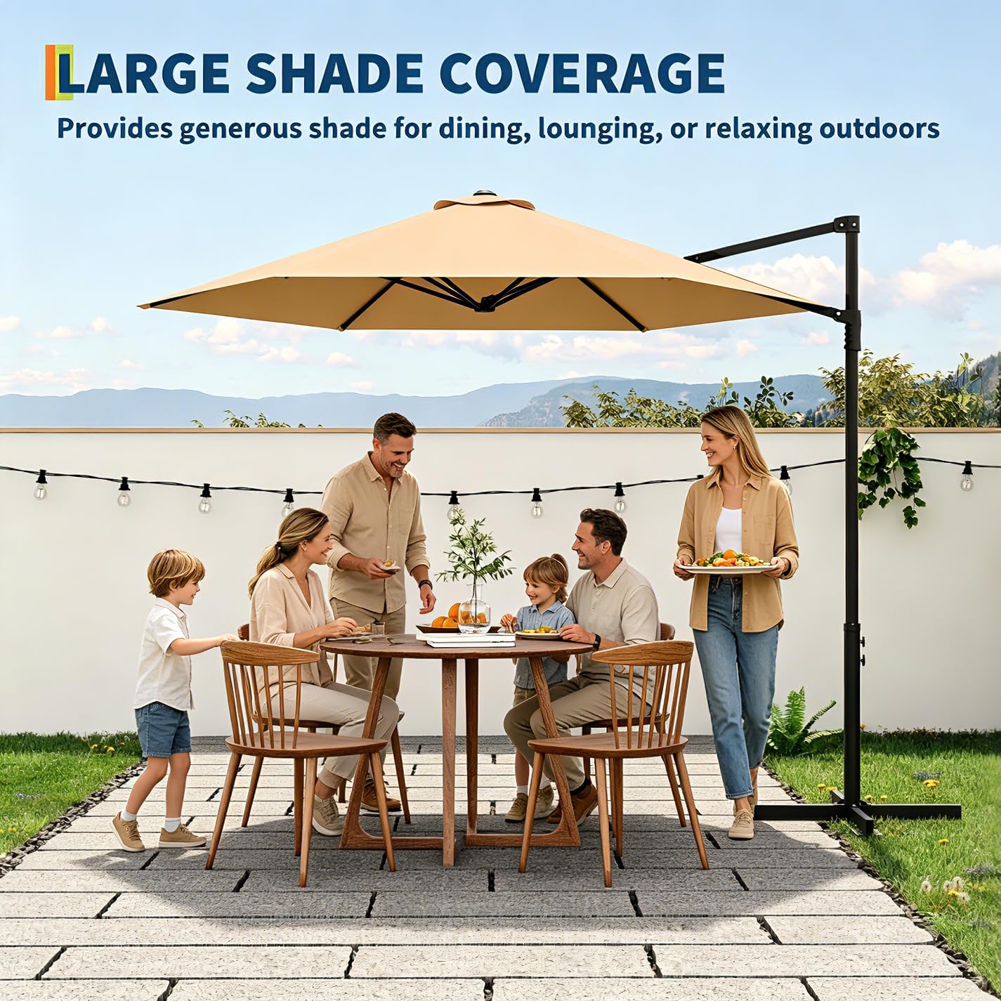 Garvee Cantilever Patio Umbrella, 9 FT Khaki Offset Sun Shade with UV-Resistant Vented Canopy for Deck, Backyard, Poolside and Balcony