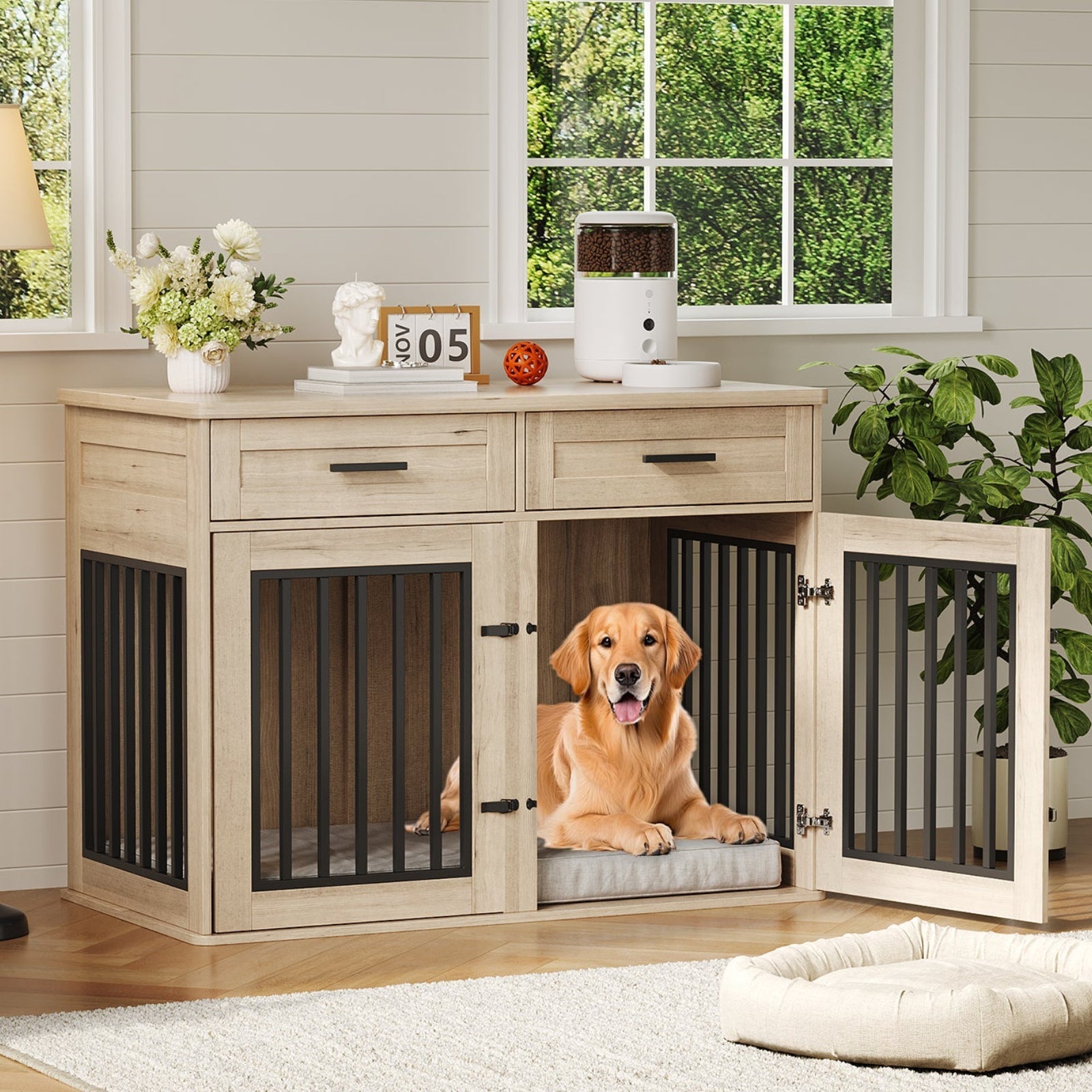 Garvee 44.5 Inch Large Dog Crate Furniture with 2 Storage Drawers,Wooden Dog Kennel Furniture As End Table, Decorative Pet Cage Dog House Indoor for Medium/Large Dogs, Chew-Proof, Gray