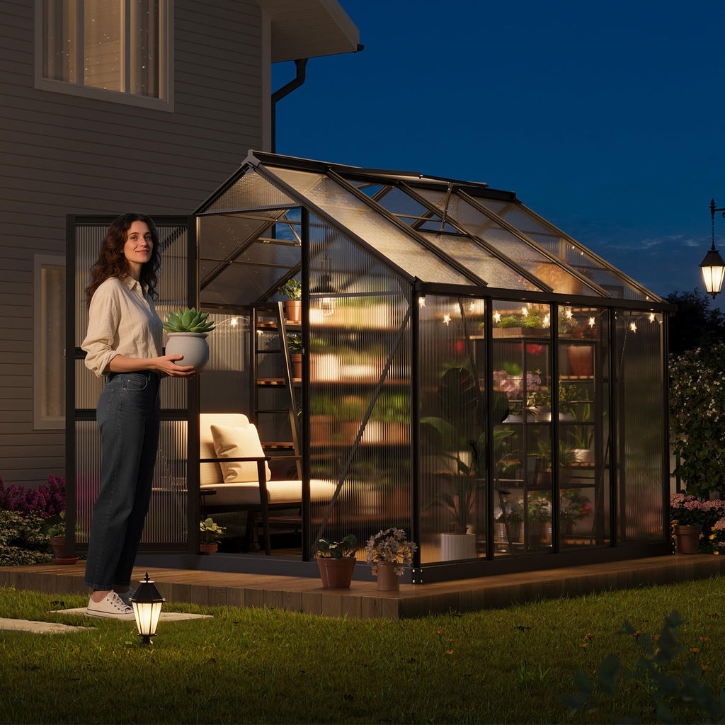 Garvee 8×6FT Aluminum Frame Greenhouse with Polycarbonate Panels, Lockable Door, Adjustable Roof Vent, Side Gutter, Backyard Garden Use