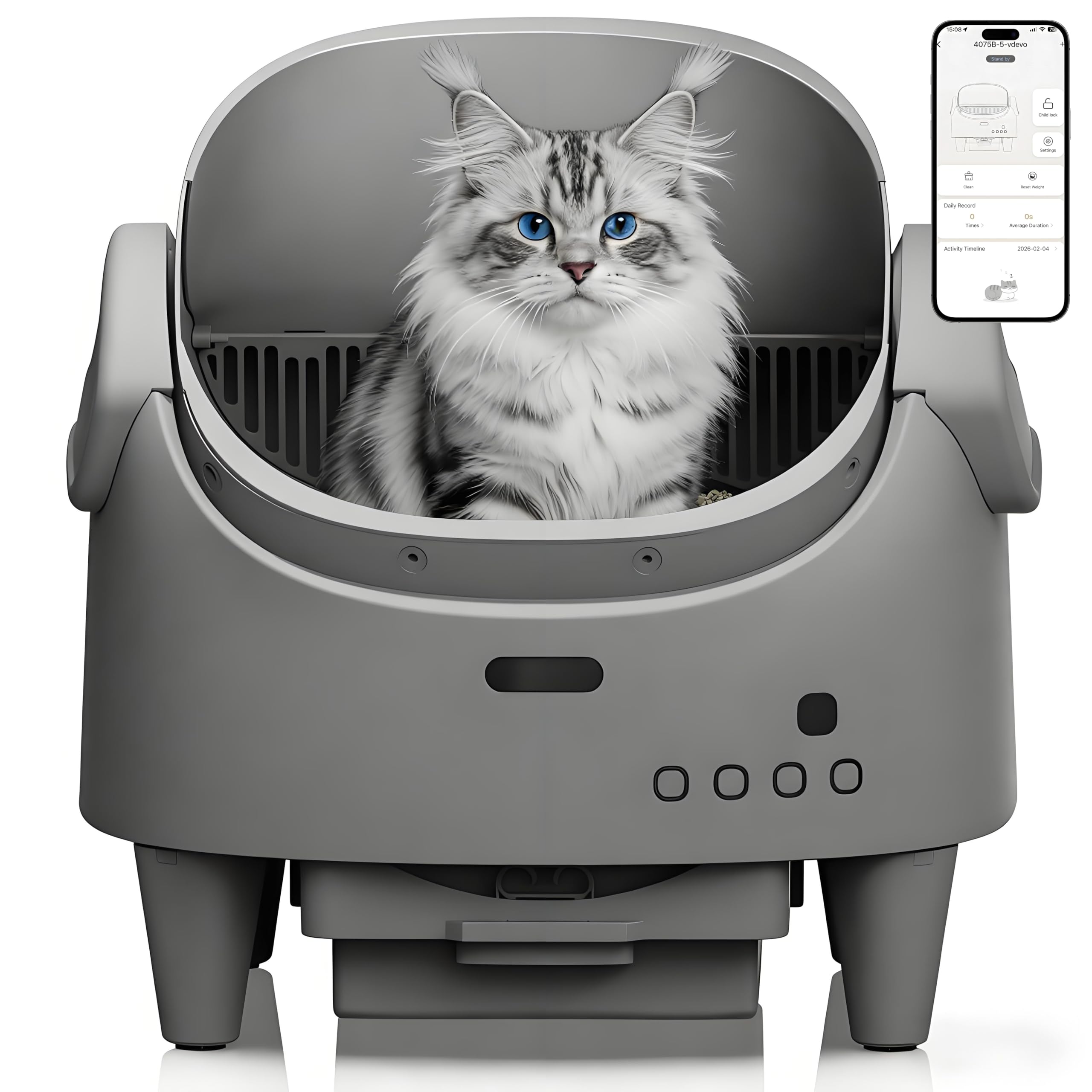 Garvee Automatic Cat Litter Box with App Control, Smart Self Cleaning Odor-Free Cat Toilet with Large Waste Bin and Disposable Bags, Open Top Design for Single or Multi Cat Households, Gray