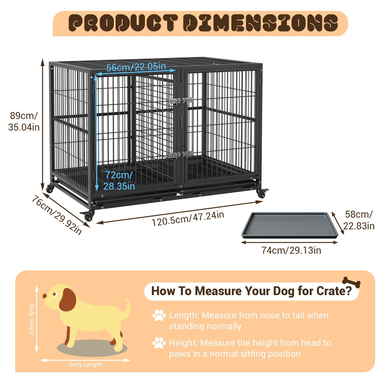 Garvee Heavy Duty Dog Crate, 48 Inch Dog Crate with Double Door, 360° Lockable Wheels and Removable Tray, Easy to Assembly, Indoor Outdoor Dog Cage for Small Medium Large Dogs