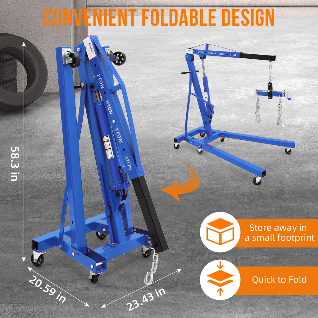 Garvee Engine Hoist 2 Ton Heavy Duty Folding Hydraulic Lift with Telescopic Boom, 6 Iron Casters, Carbon Steel, Lever, Blue - Workshop & Garage Use