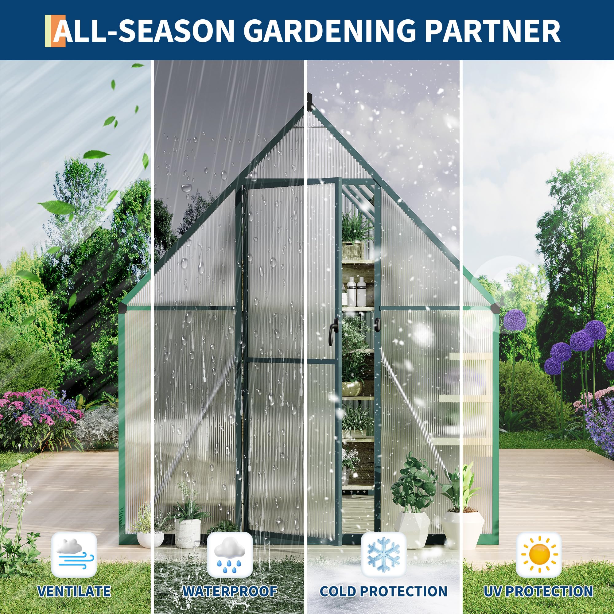 Garvee 6 × 7 FT Polycarbonate Greenhouse, Walk-In Outdoor Plant House with 4 mm Twin-Wall Panels, Aluminum Frame, Lockable Sliding Door, Roof Vent and Rain Gutters, Green