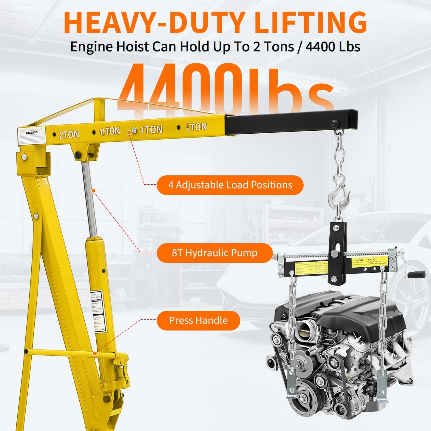 Garvee Heavy Duty 2 Ton Folding Hydraulic Engine Hoist - 4400 lbs Capacity Cherry Picker Crane with Load Leveler - 6 Swivel Wheels - Adjustable Boom (0.5T-2T) for Garage, Workshop, Warehouse - Yellow with leveler