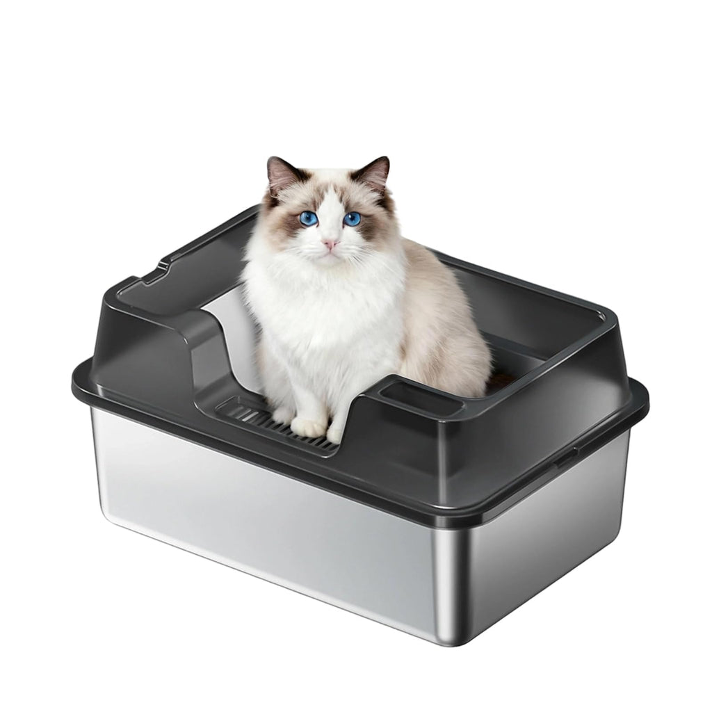 Garvee Stainless Steel Cat Litter Box, High Side Litter Box with Non-Stick, Scoop & Odor-Resistant, Metal Cat Pan for Multiple Cats, Rabbits & Small Pets, Easy to Clean, Black
