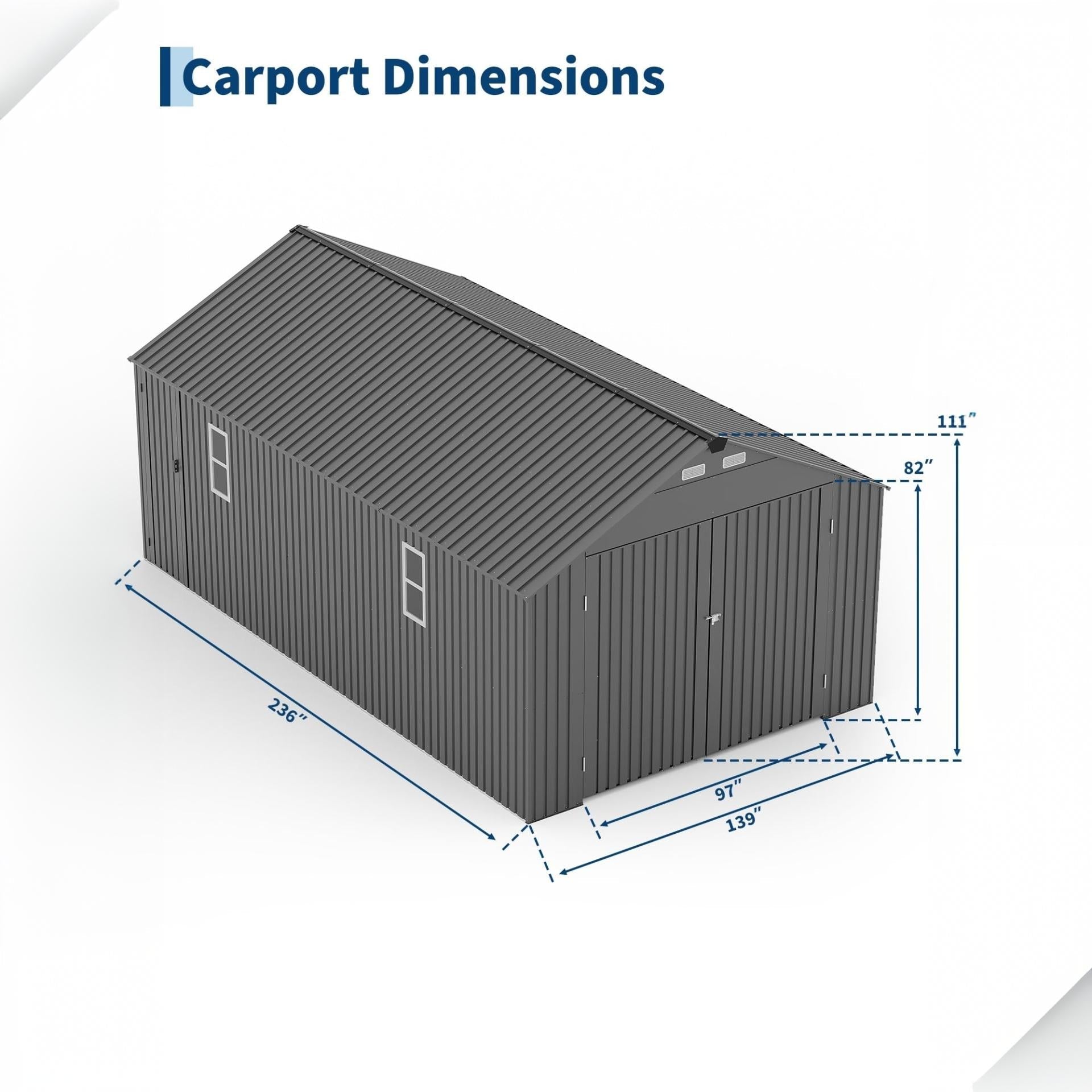 Garvee Enclosed Metal Carport 12×20 ft, 111" H All-Metal Garage Shelter with 19-Gauge Steel Frame & 27-Gauge Roof for Pickups SUVs