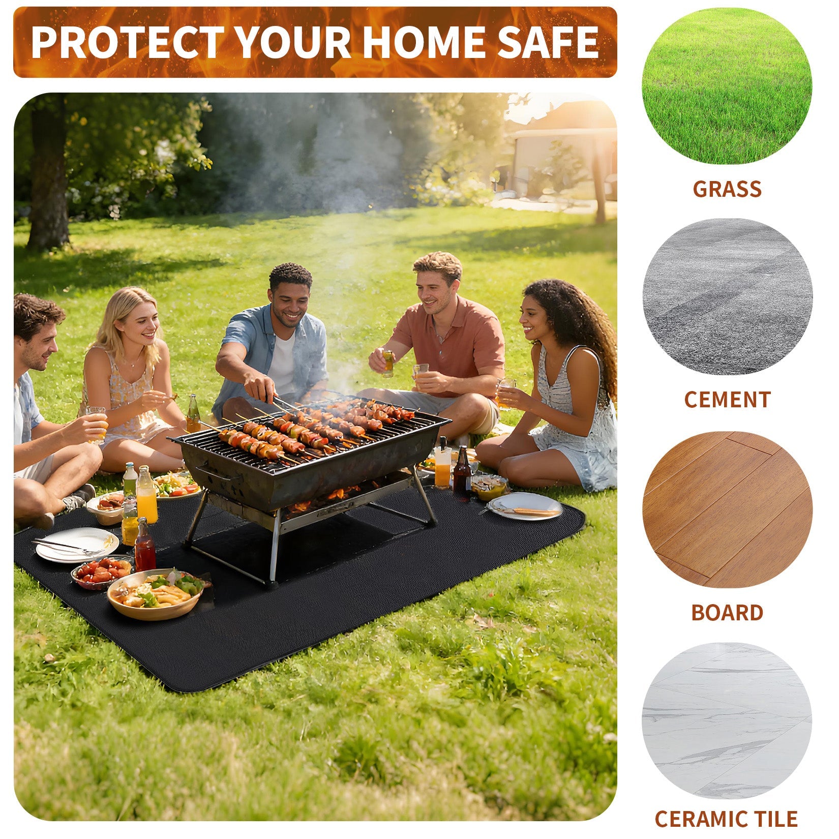 Garvee Double-Sided Fireproof Grill Mat - Heavy Duty Waterproof & Oil-Proof Deck Protector for Outdoor BBQ, Fire Pit, Patio & Fireplace - Durable Floor Mat, Black, 76 x 48 inch