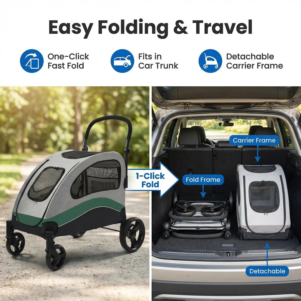 Garvee Foldable Dog Stroller, Large Dog Carrier with 360° Wheels, Adjustable Handle & Storage Pocket, Portable Puppy Travel Strollers, Pet Wagon for Large Dogs, 135 Lbs Capacity, Green