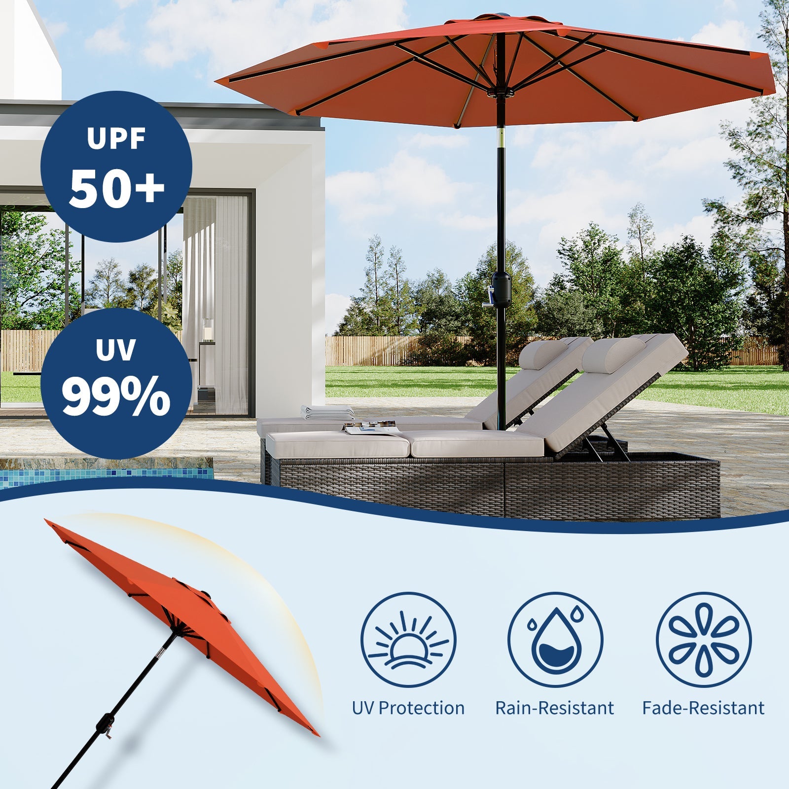 Garvee 9 ft Outdoor Patio Umbrella with 8 Sturdy Ribs, Crank Lift, Push-Button Tilt & UV-Resistant Waterproof Canopy for Pool, Deck, Yard & Garden, Orange