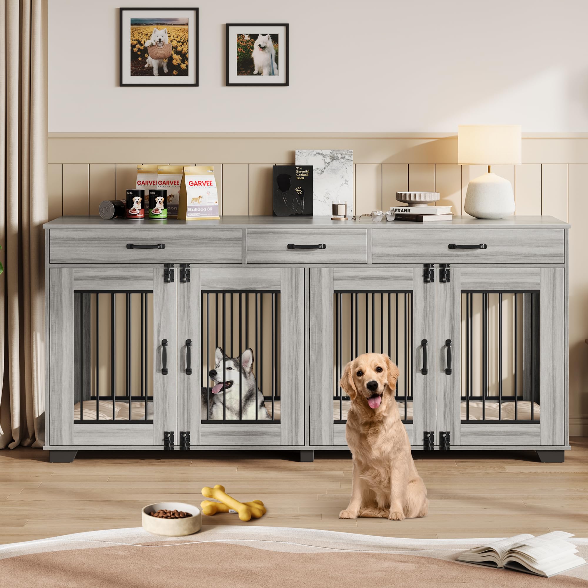 Garvee 71" Double Wooden Dog Crate Furniture for 2 Dogs, Heavy Duty, Spacious, MDF & Iron, Three-Drawer Storage, TV Stand, Small to Large Dogs