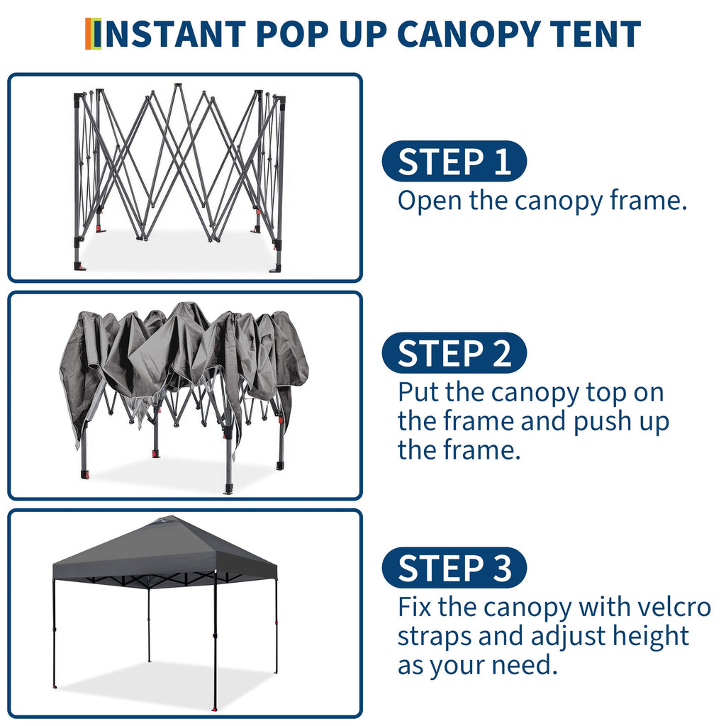 Garvee Pop Up Canopy Tent for Parties and Outdoor Events, 10 × 10 FT One-Push Shelter with 4 Sandbags, 8 Stakes, 4 Ropes and Wheeled Bag, Gray