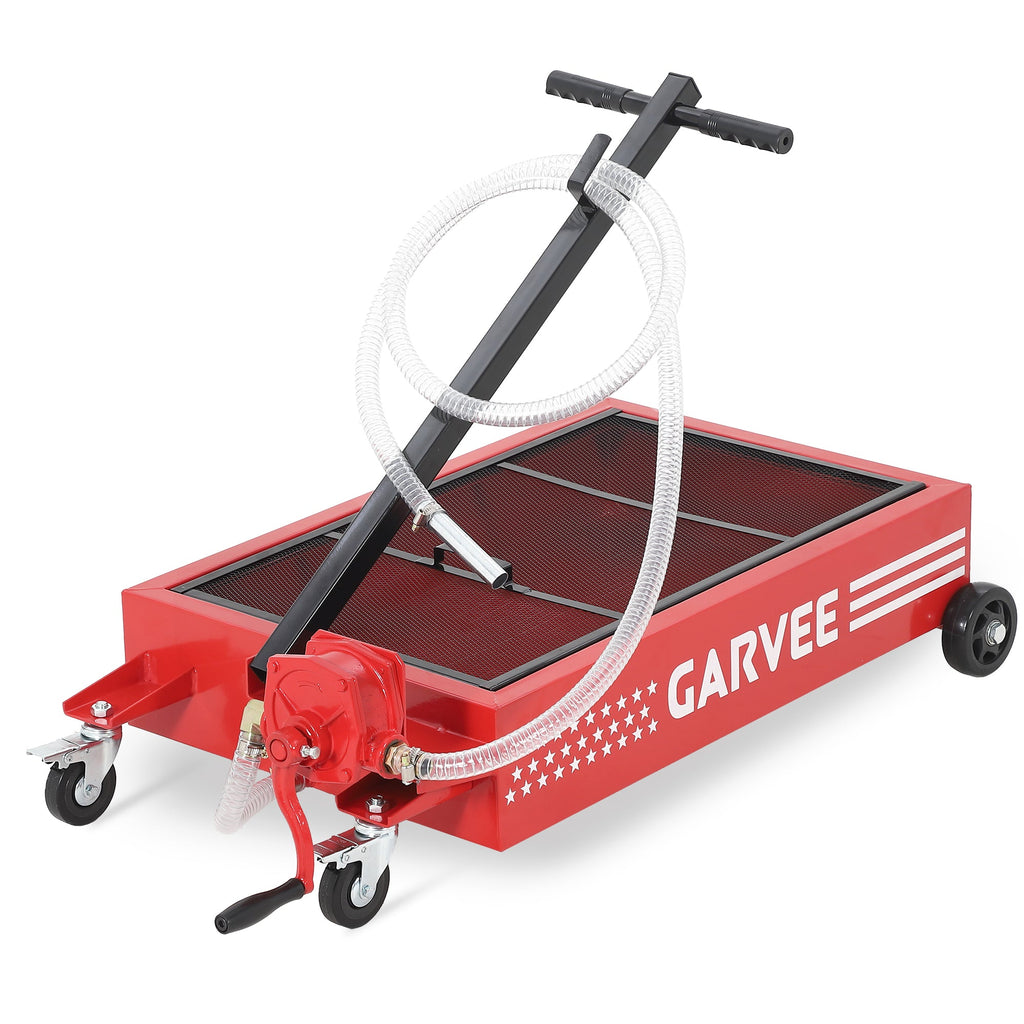 Garvee Heavy Duty Low Profile Oil Drain Pan with Manual Pump – 15 Gallons – 8 ft Hose, Collapsible T-Handle, Rolling Cart, Lockable Swivel Casters – Leak-Proof Waste Oil Container for Cars, Trucks, SUVs – Waistline Version, Red