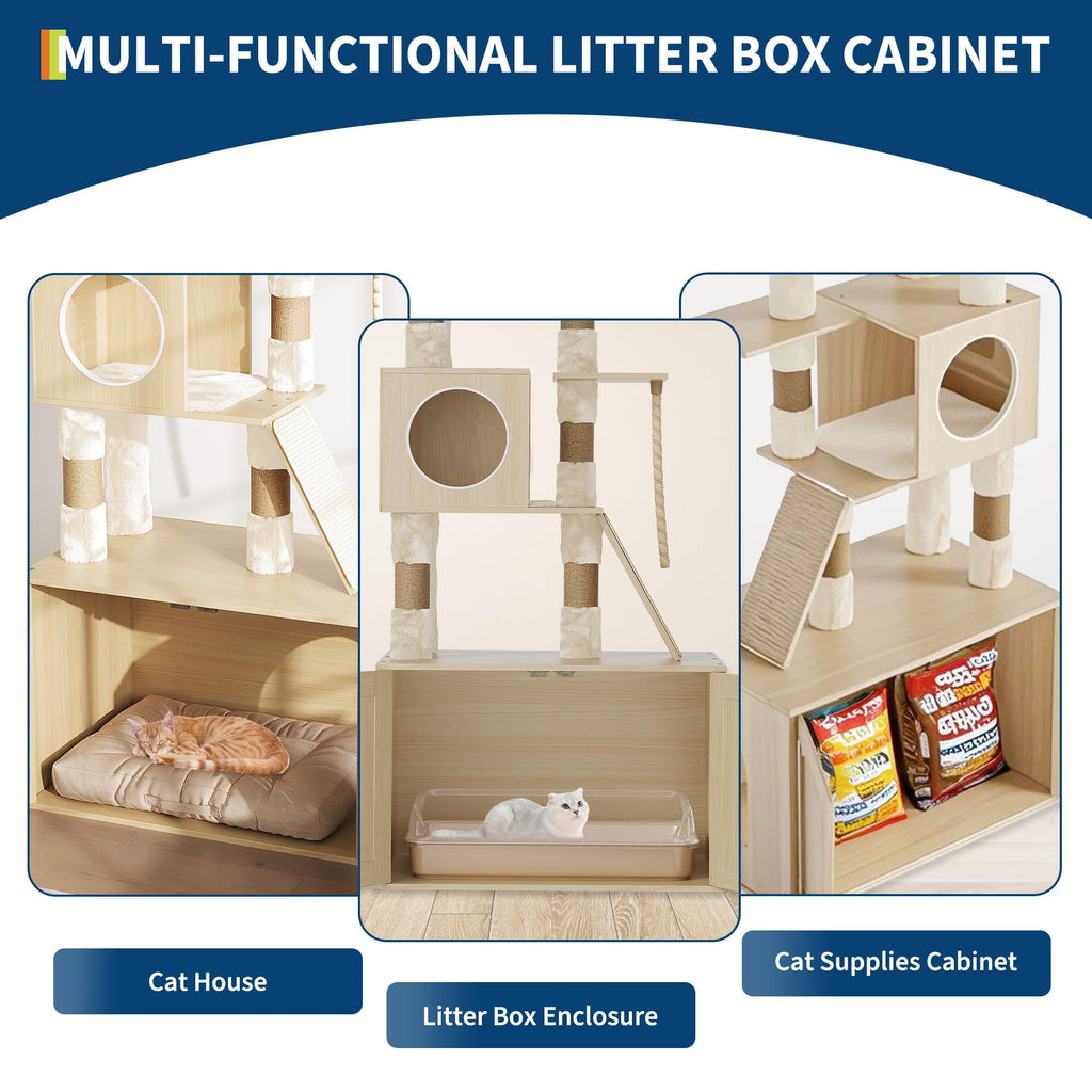 Garvee 66.9-Inch Cat Tree Tower with Litter Box Enclosure, Multi-Level Cat Furniture Featuring Hammock and Washable Cushions, Indoor Cat Tower for Play, Rest, and Privacy, Wood Color