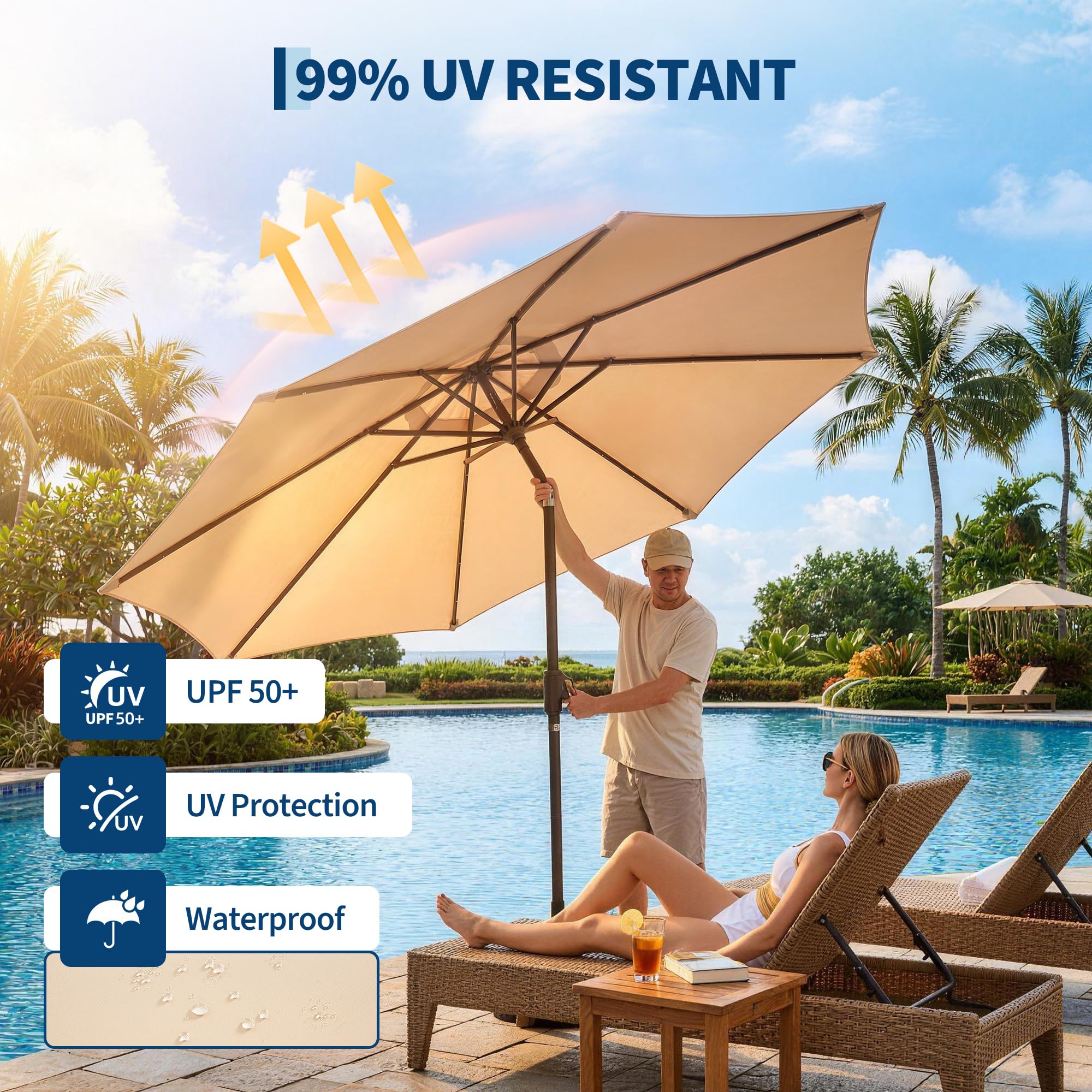 Garvee 9 FT Solar LED Patio Umbrella, Outdoor Market Table Umbrella with Tilt & Crank, 32 Lights, 8 Iron Ribs, UV Sun Shade for Garden, Deck & Pool, Beige