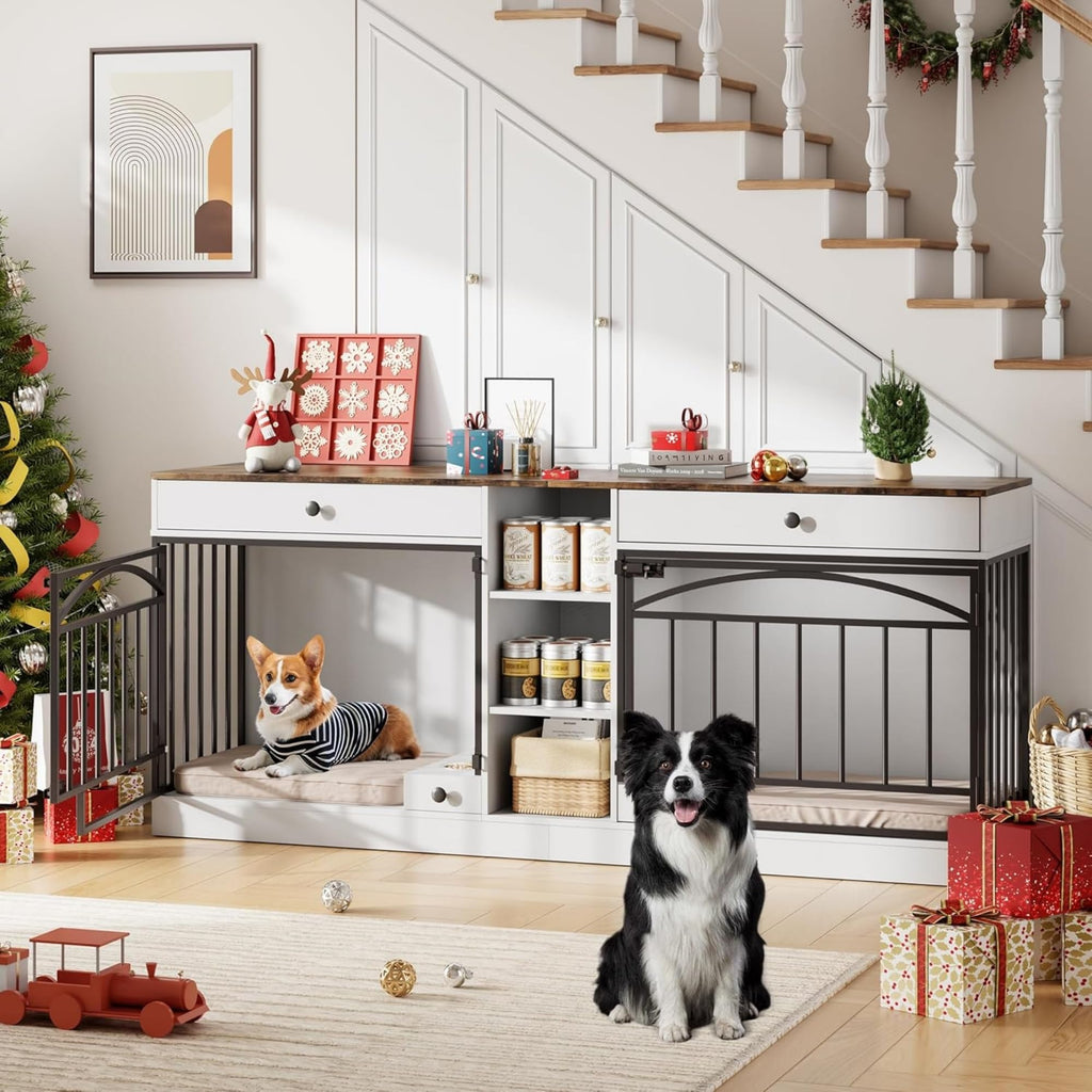 Garvee Dog Crate Furniture for 2 Dogs, 78.7" Large Dog Kennel Indoor with 2 Storage Drawers, 3 Shelves and Feeding Bowls, Double Dog Crate TV Stand for Small and Medium Dogs, White&Brown Top